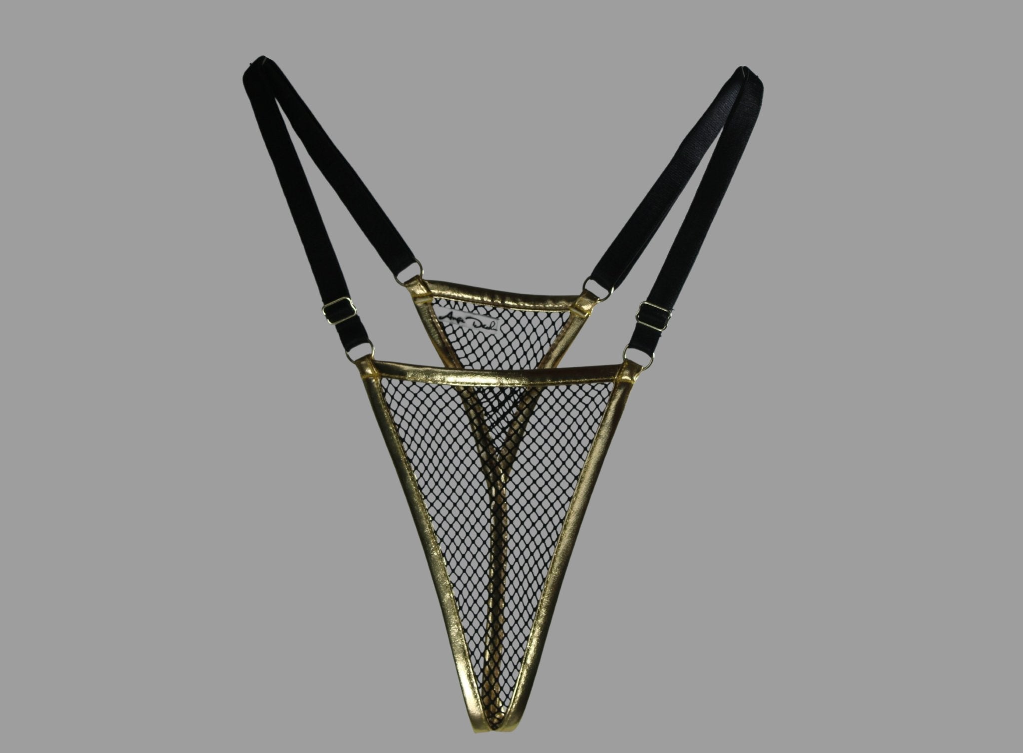 Sexy girls see through panties, fishnet lingerie g string thong in black with gold trim for very sexy butt - Ange Déchu