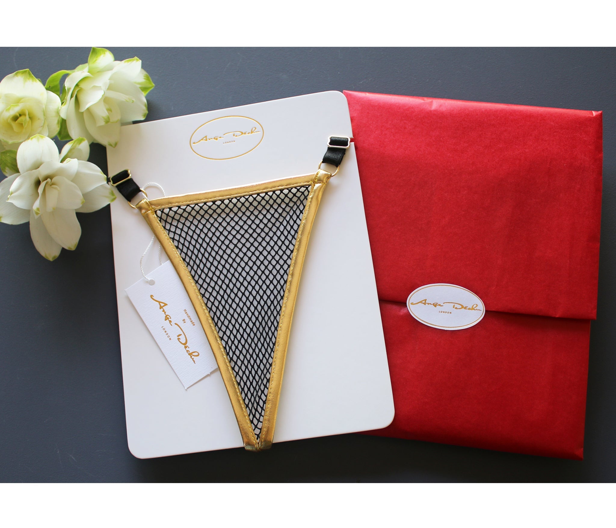 Sexy girls see through panties, fishnet lingerie g string thong in black with gold trim for very sexy butt - Ange Déchu