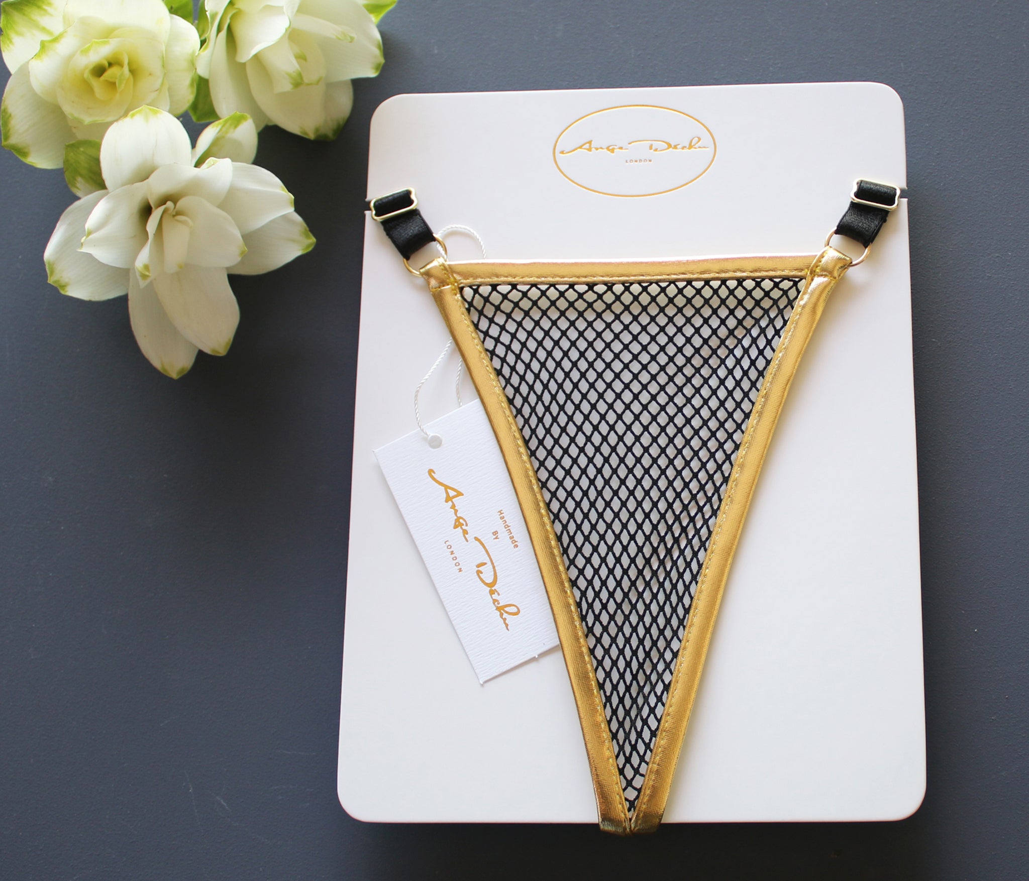 Sexy girls see through panties, fishnet lingerie g string thong in black with gold trim for very sexy butt - Ange Déchu