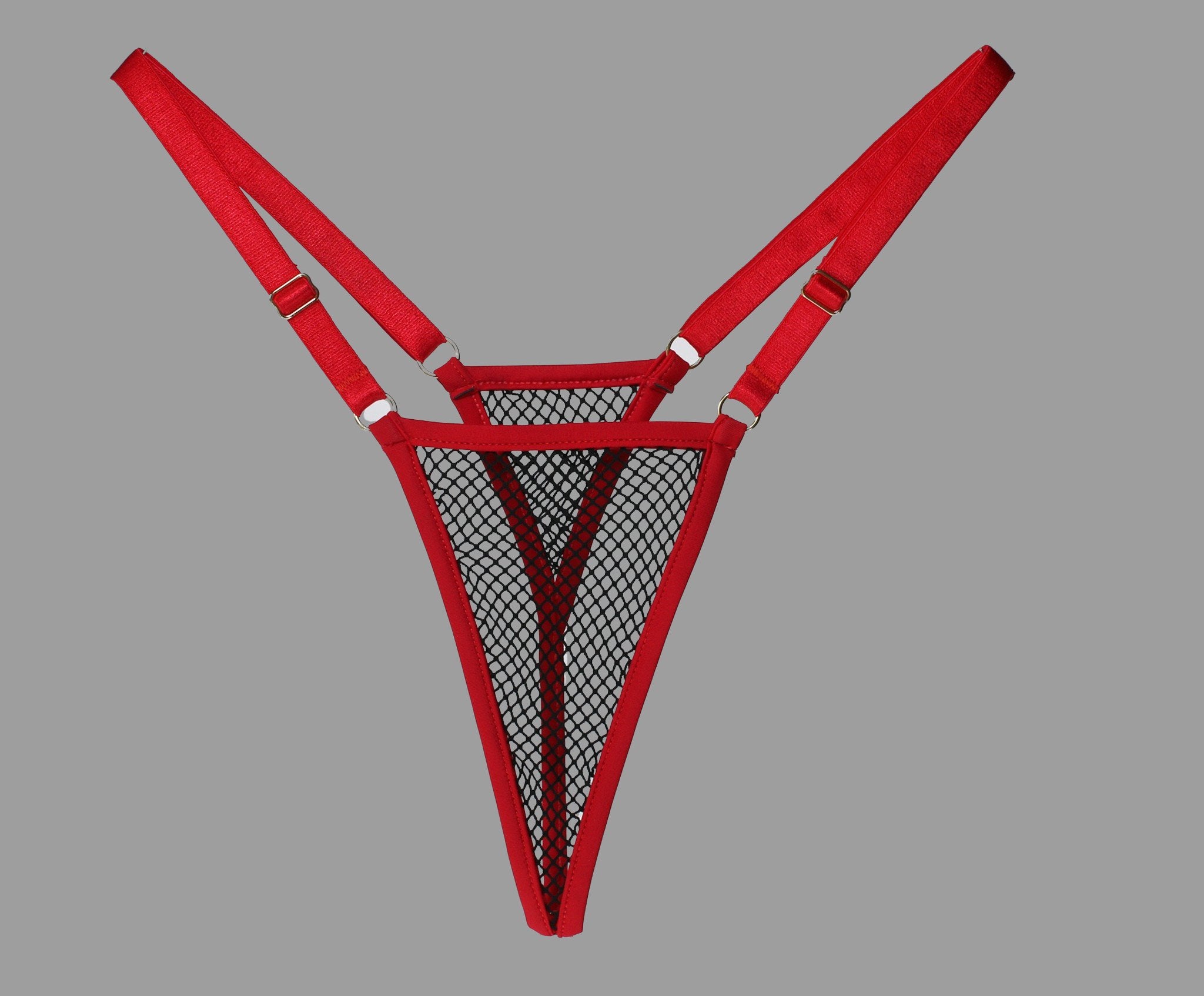 Sexy girls see through panties, fishnet lingerie g string thong in black with red trim for very sexy butt - Ange Déchu