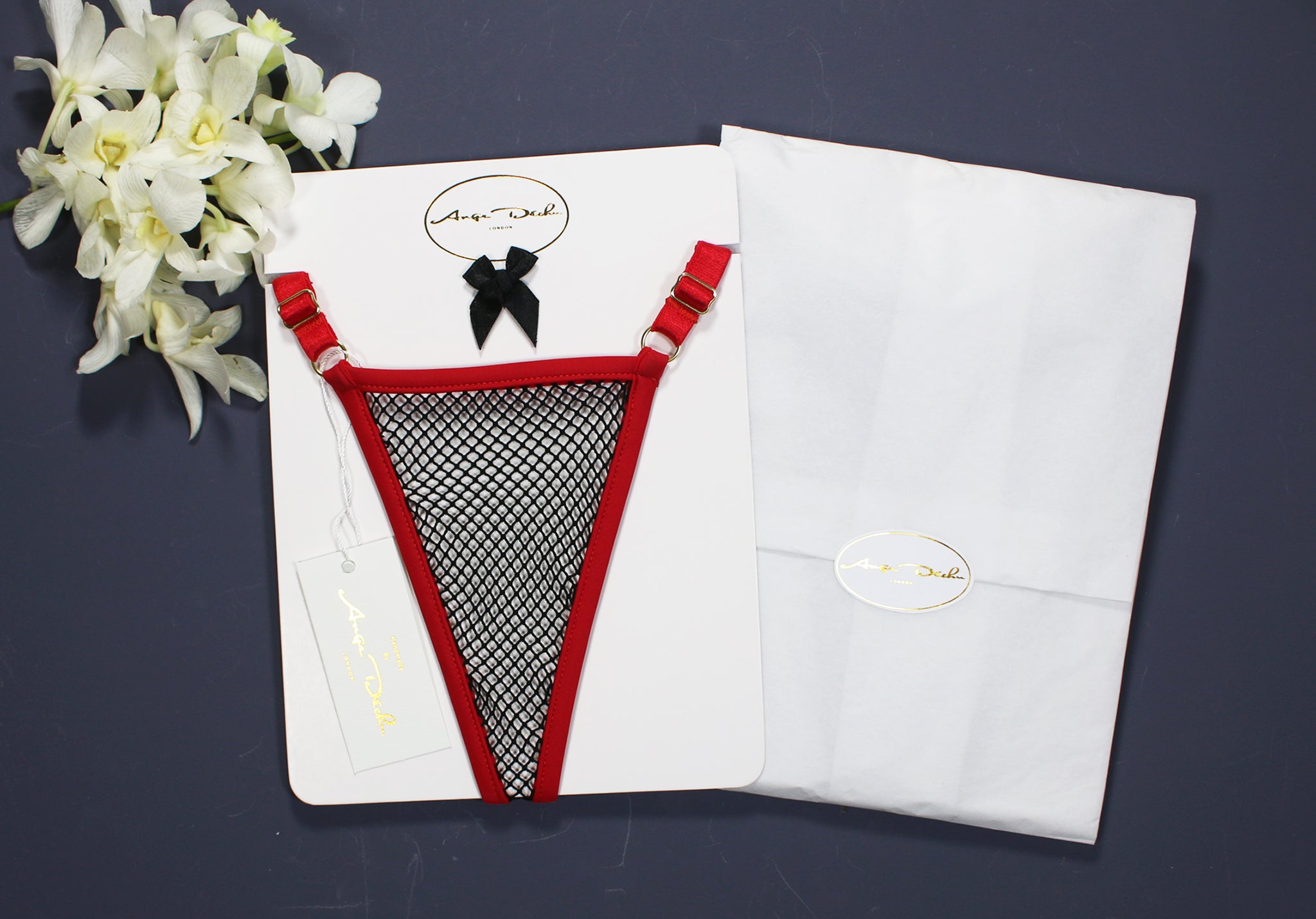 Sexy girls see through panties, fishnet lingerie g string thong in black with red trim for very sexy butt - Ange Déchu