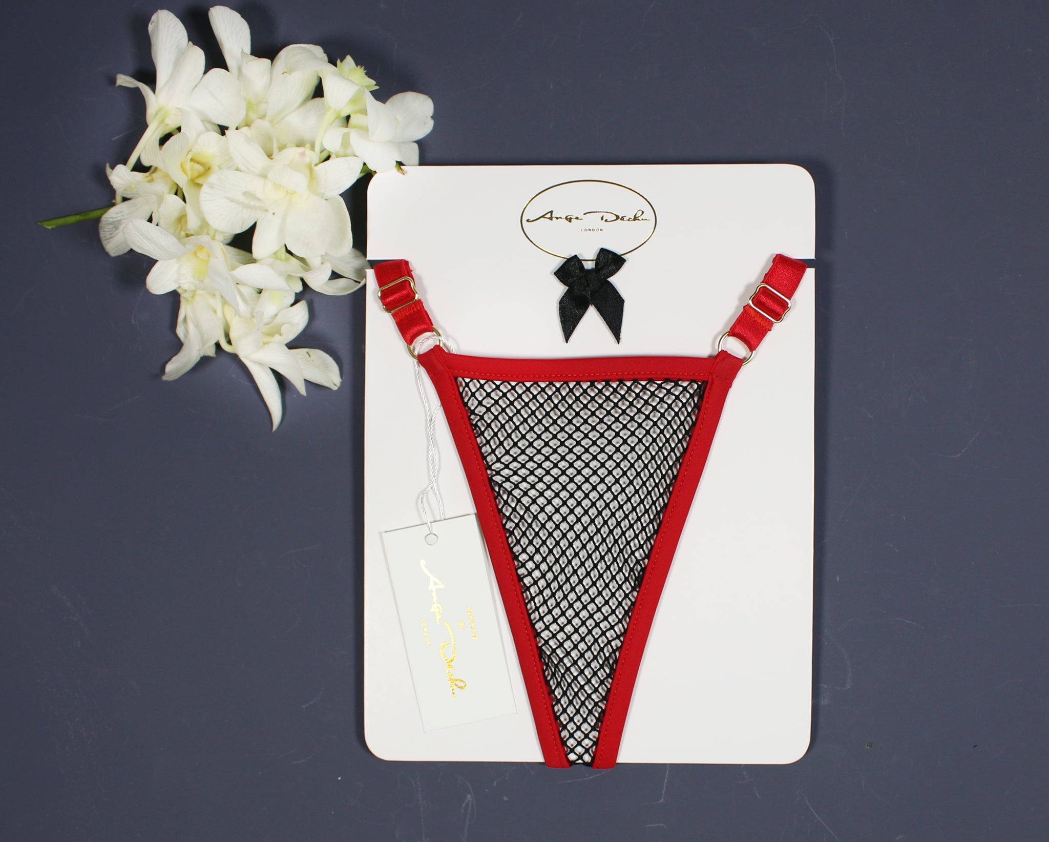 Sexy girls see through panties, fishnet lingerie g string thong in black with red trim for very sexy butt - Ange Déchu