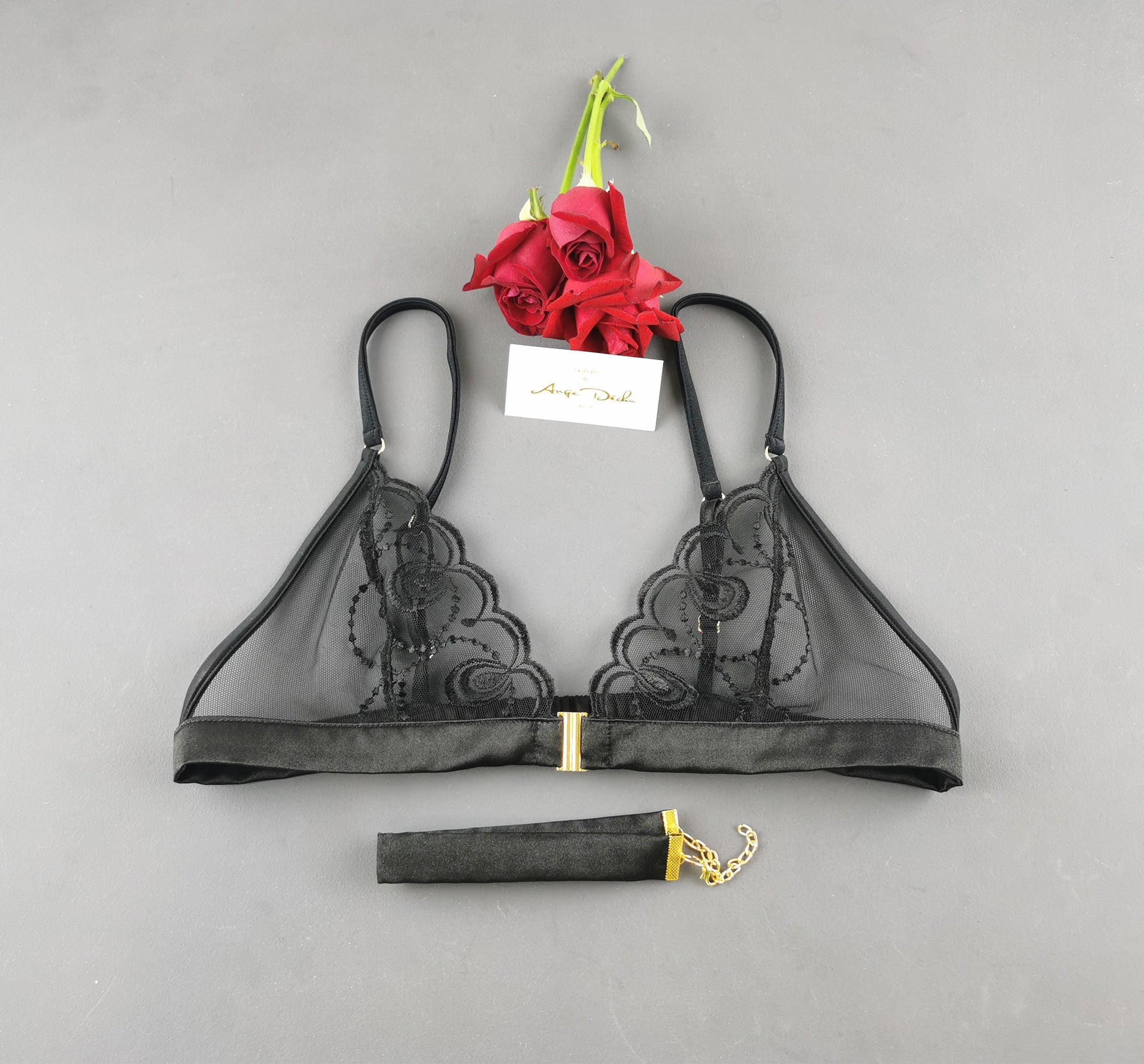 Sexy lingerie set with crotchless G string panties and bra in see through black lace open crotch sheer boudoir lingerie - Ange Déchu