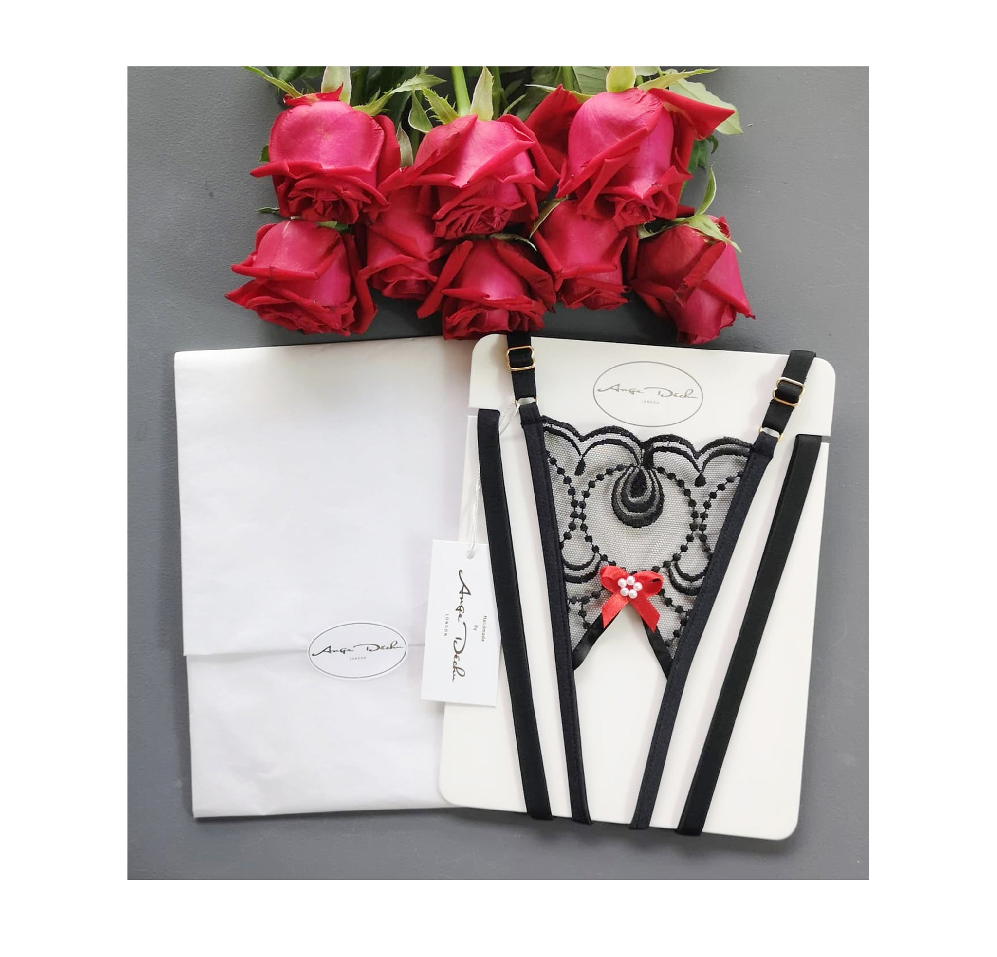 Sexy lingerie set with crotchless G string panties and bra in see through black lace open crotch sheer boudoir lingerie - Ange Déchu