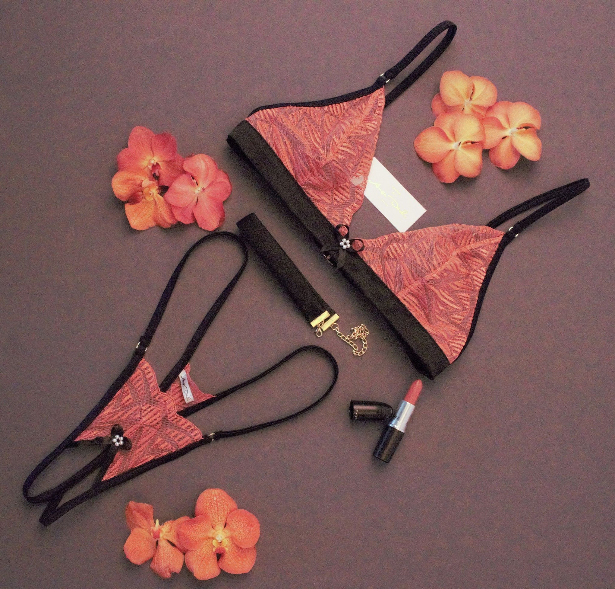 Sexy lingerie set with crotchless G string panties and bra in see through coral lace sexy open crotch sheer boudoir lingerie - Ange Déchu