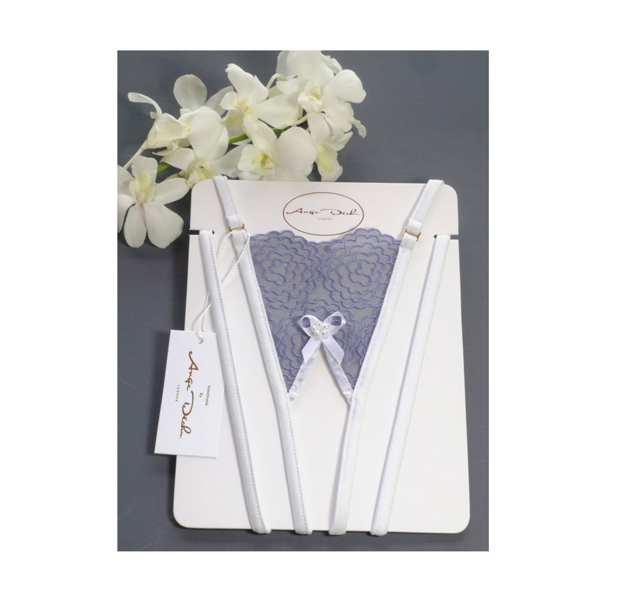 Sexy lingerie set with crotchless G string panties and bra in see through lavender lace sexy open crotch sheer boudoir lingerie - Ange Déchu