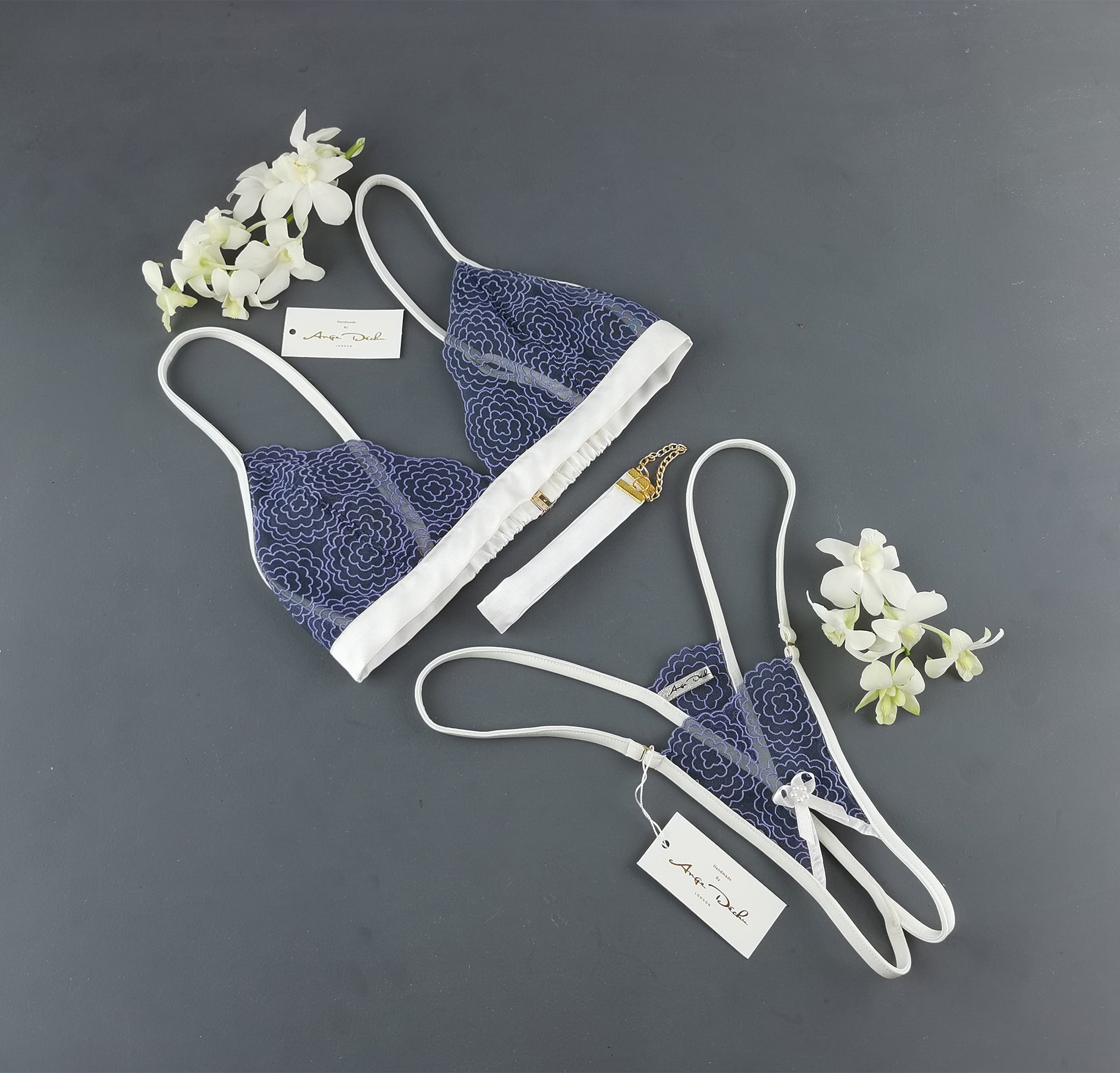 Sexy lingerie set with crotchless G string panties and bra in see through lavender lace sexy open crotch sheer boudoir lingerie - Ange Déchu