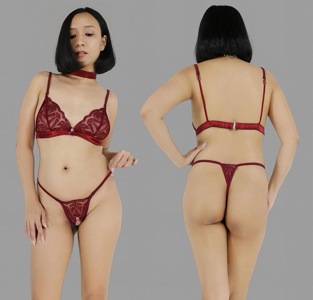 Sexy lingerie set with crotchless G string panties in see through burgundy red lace sexy sheer boudoir lingerie - Ange Déchu