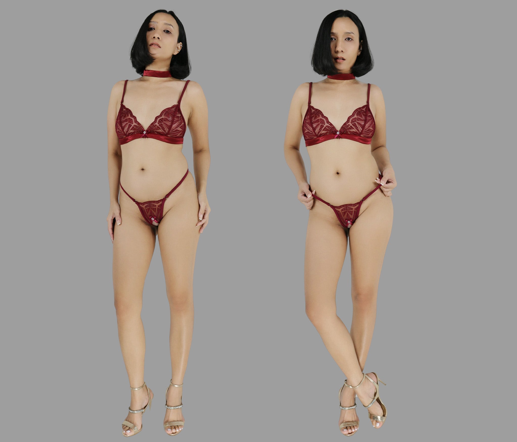 Sexy lingerie set with crotchless G string panties in see through burgundy red lace sexy sheer boudoir lingerie - Ange Déchu