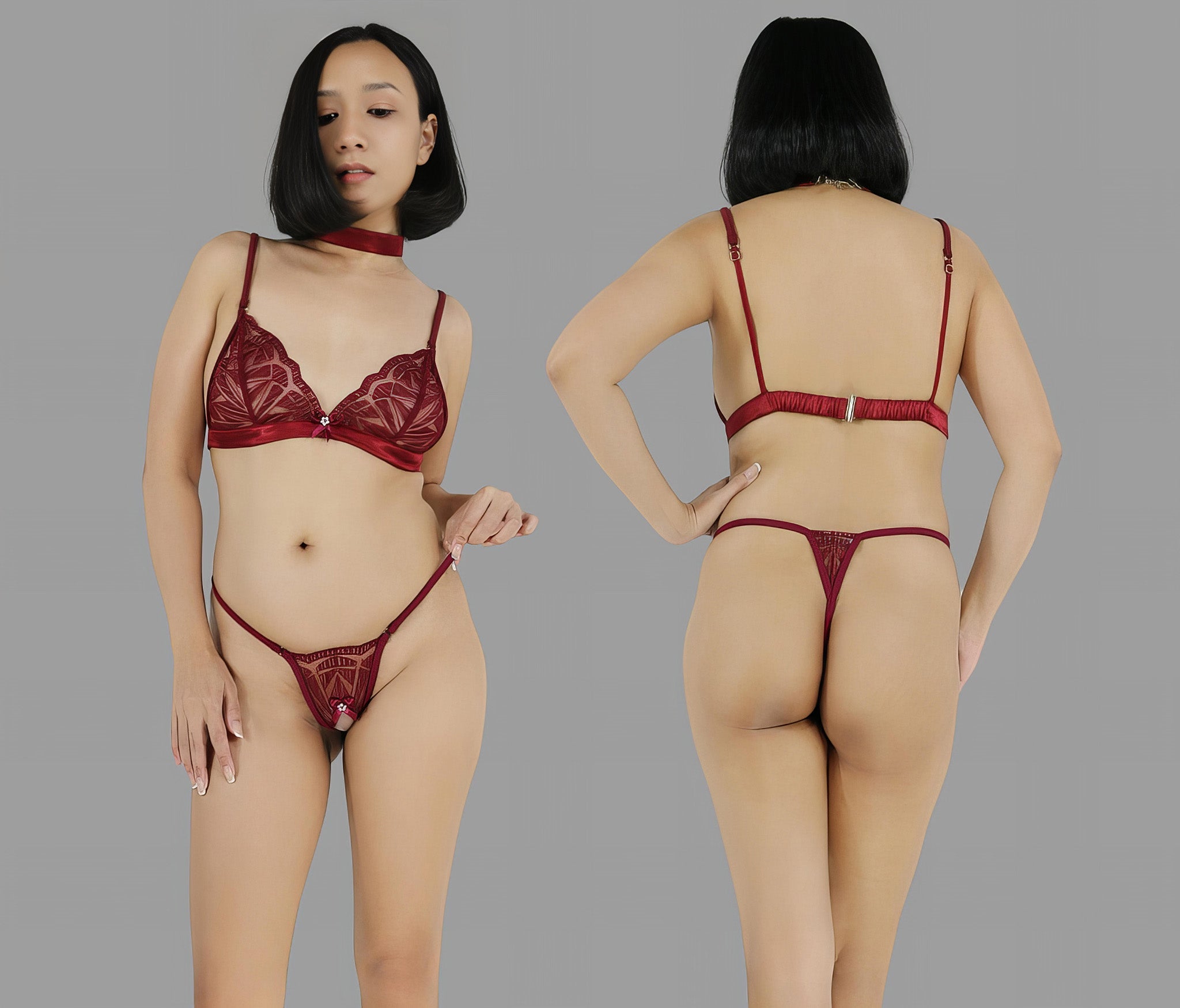 Sexy lingerie set with crotchless G string panties in see through burgundy red lace sexy sheer boudoir lingerie - Ange Déchu
