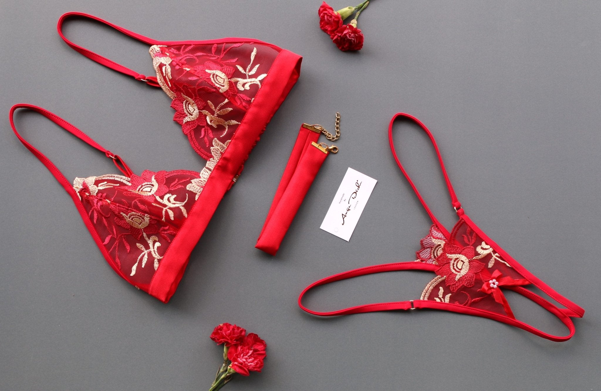 Sexy lingerie set with crotchless G string panties in see through red lace sexy sheer boudoir lingerie - Ange Déchu