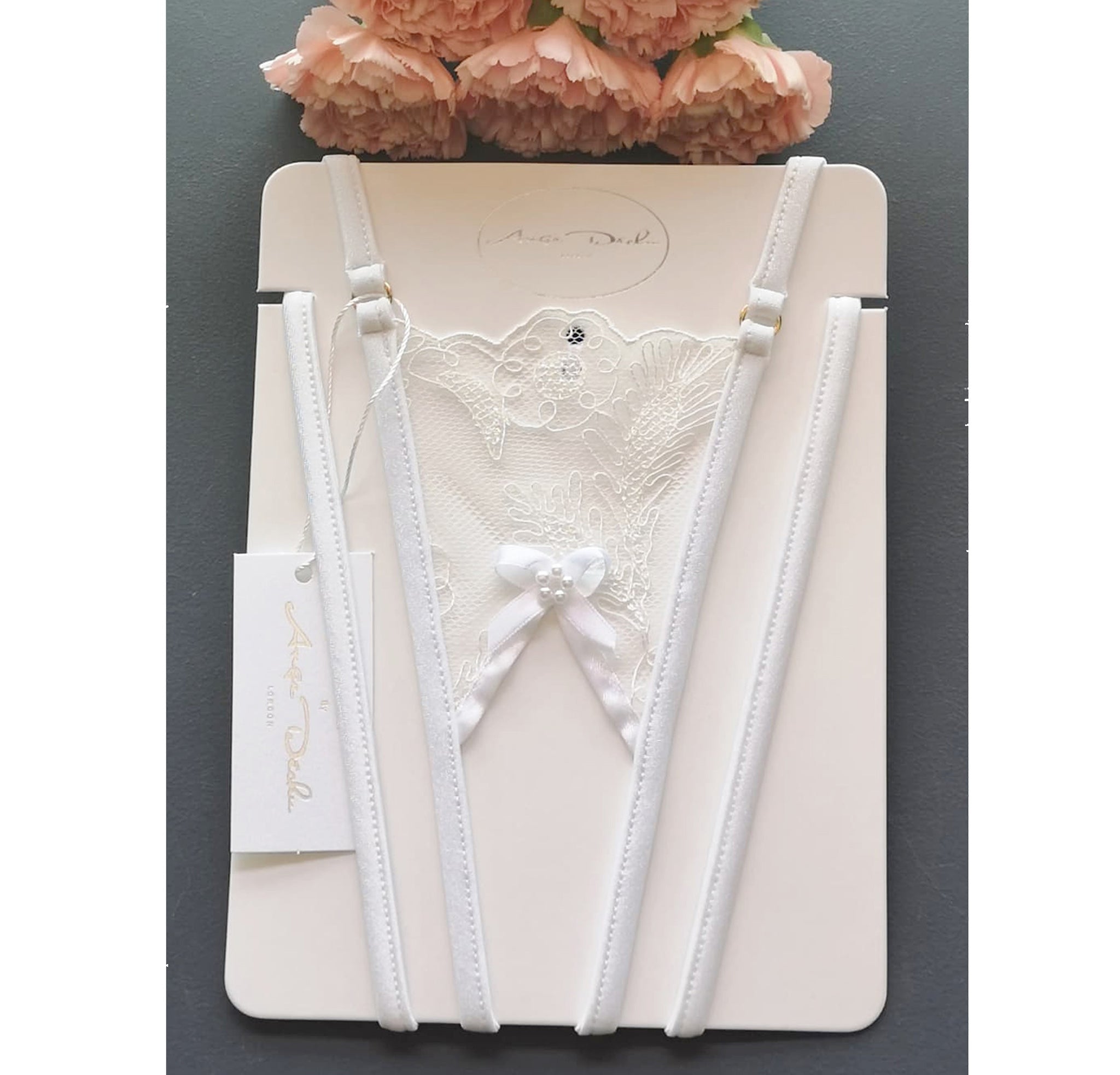 Sexy lingerie set with crotchless G string panties in see through white lace sheer bridal boudoir lingerie - Ange Déchu