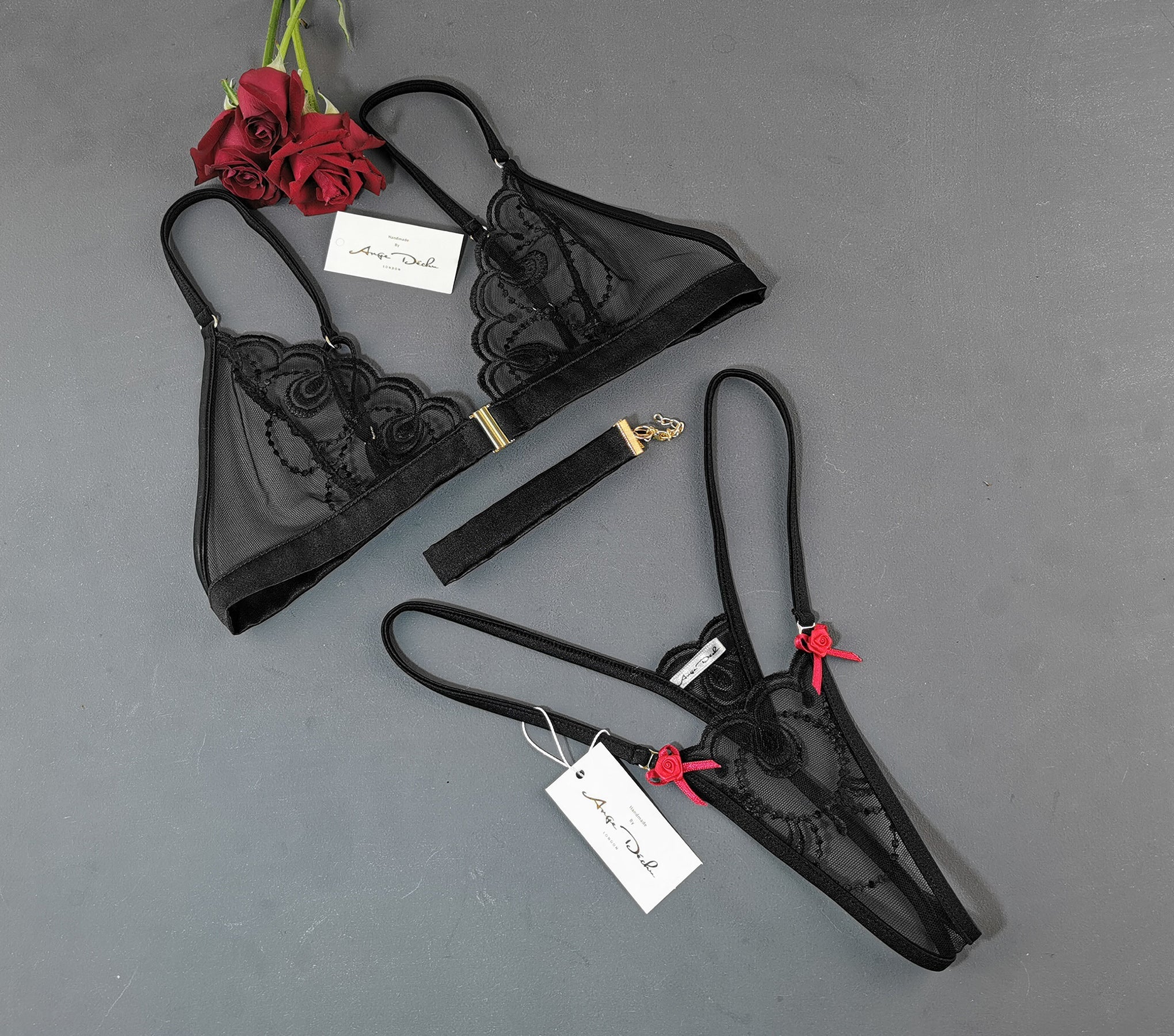 Sexy lingerie set with G string panties, bra and choker in see through black lace sheer boudoir lingerie - Ange Déchu