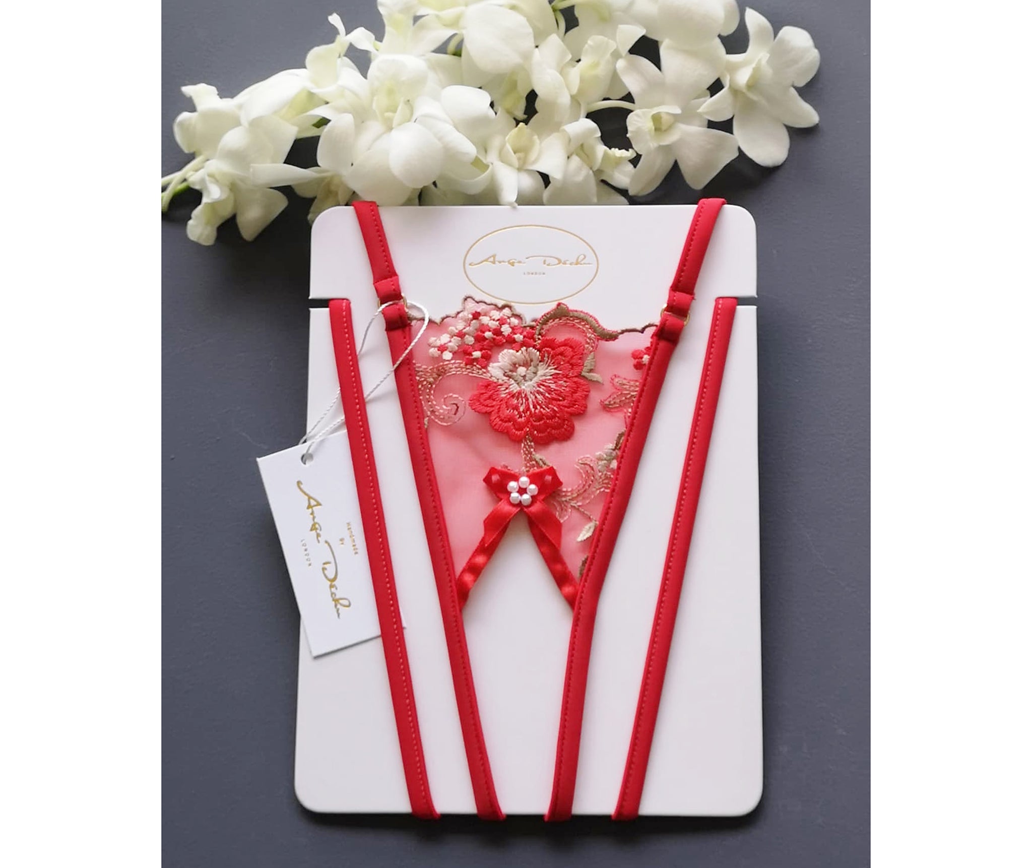 Sexy red lace lingerie set with crotchless G string panties see through sheer bralette boudoir lingerie - Ange Déchu