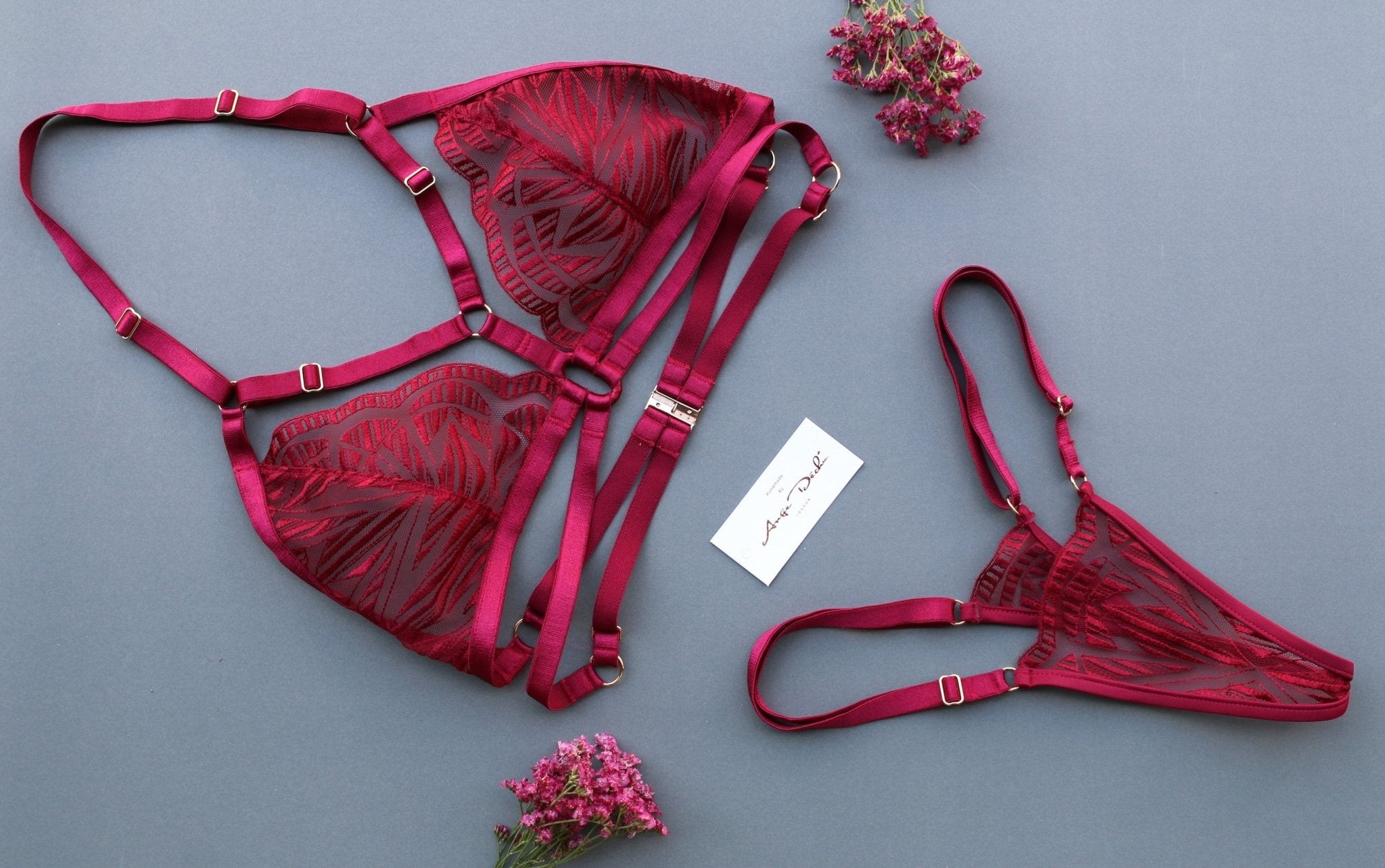 Sexy see through lingerie set in burgundy red lace strappy harness bra sheer adjustable panties g string - Ange Déchu