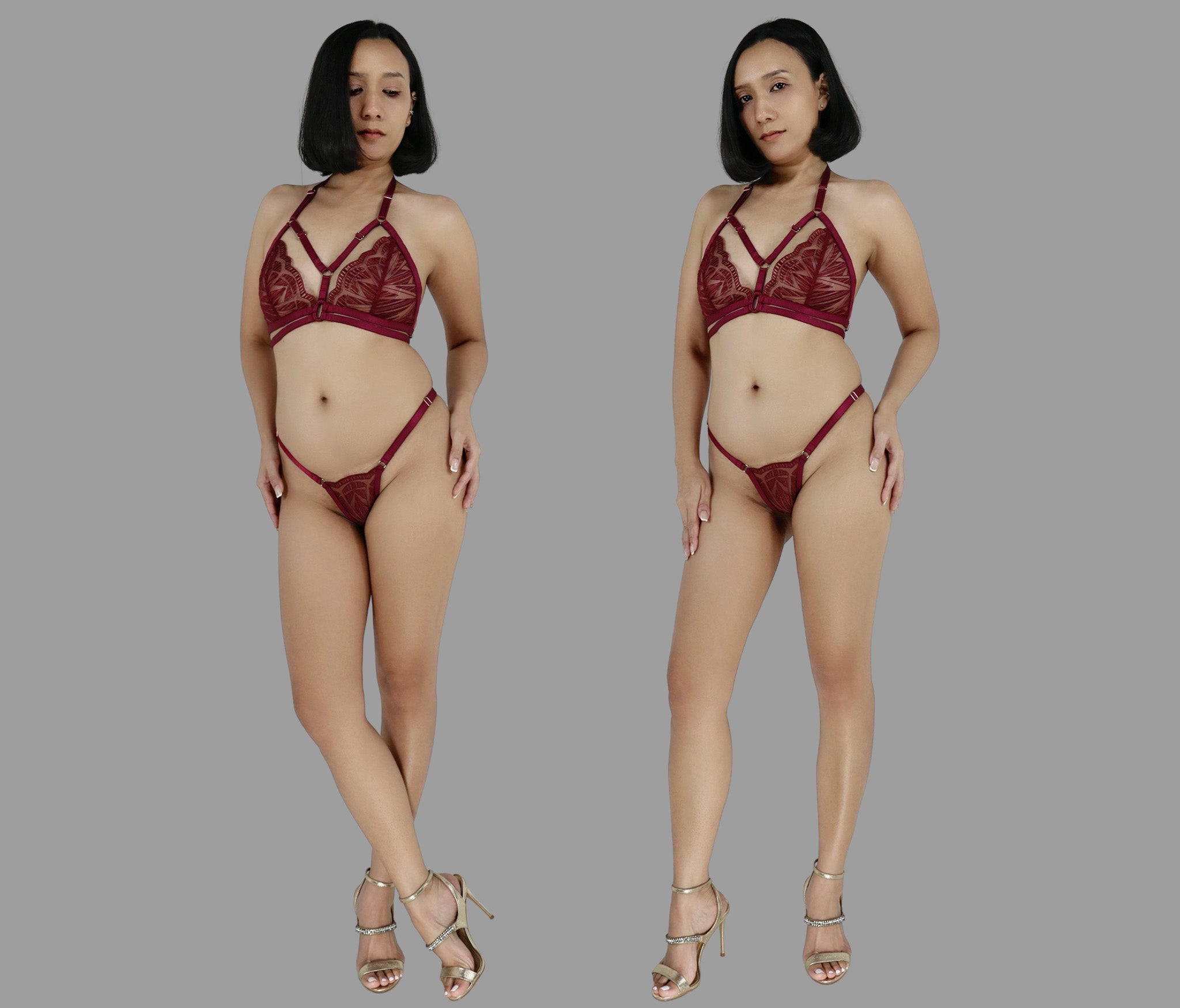Sexy see through lingerie set in burgundy red lace strappy harness bra sheer adjustable panties g string - Ange Déchu