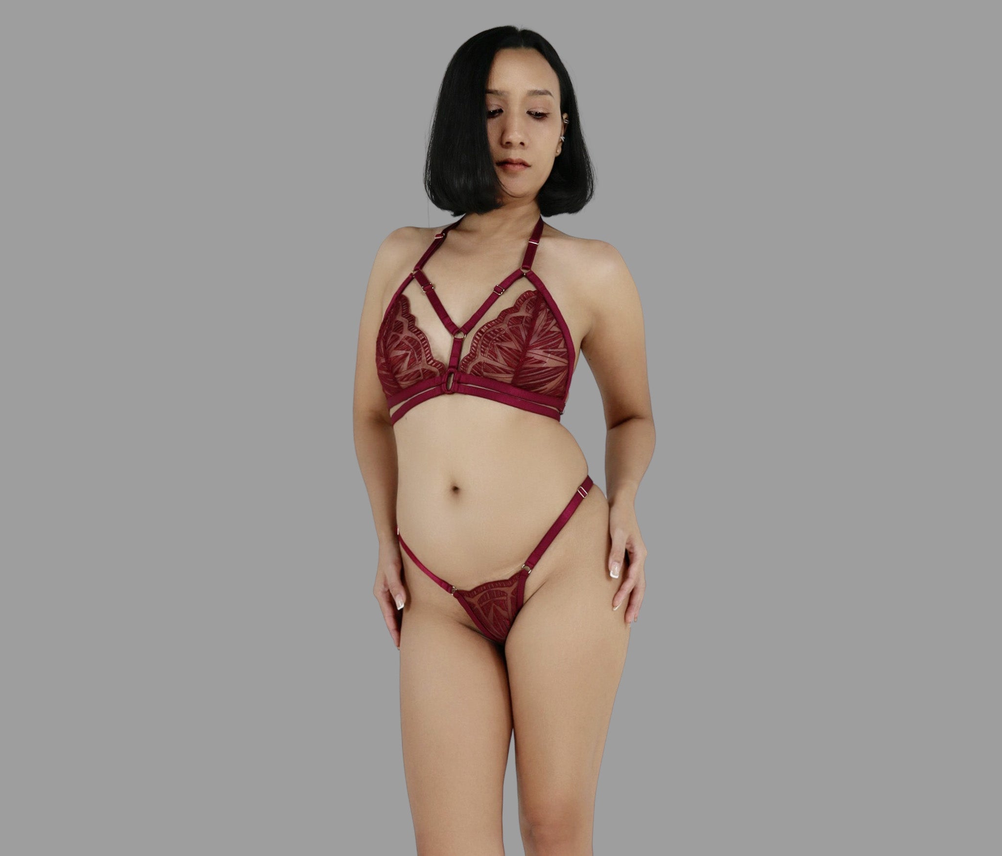 Sexy see through lingerie set in burgundy red lace strappy harness bra sheer adjustable panties g string - Ange Déchu