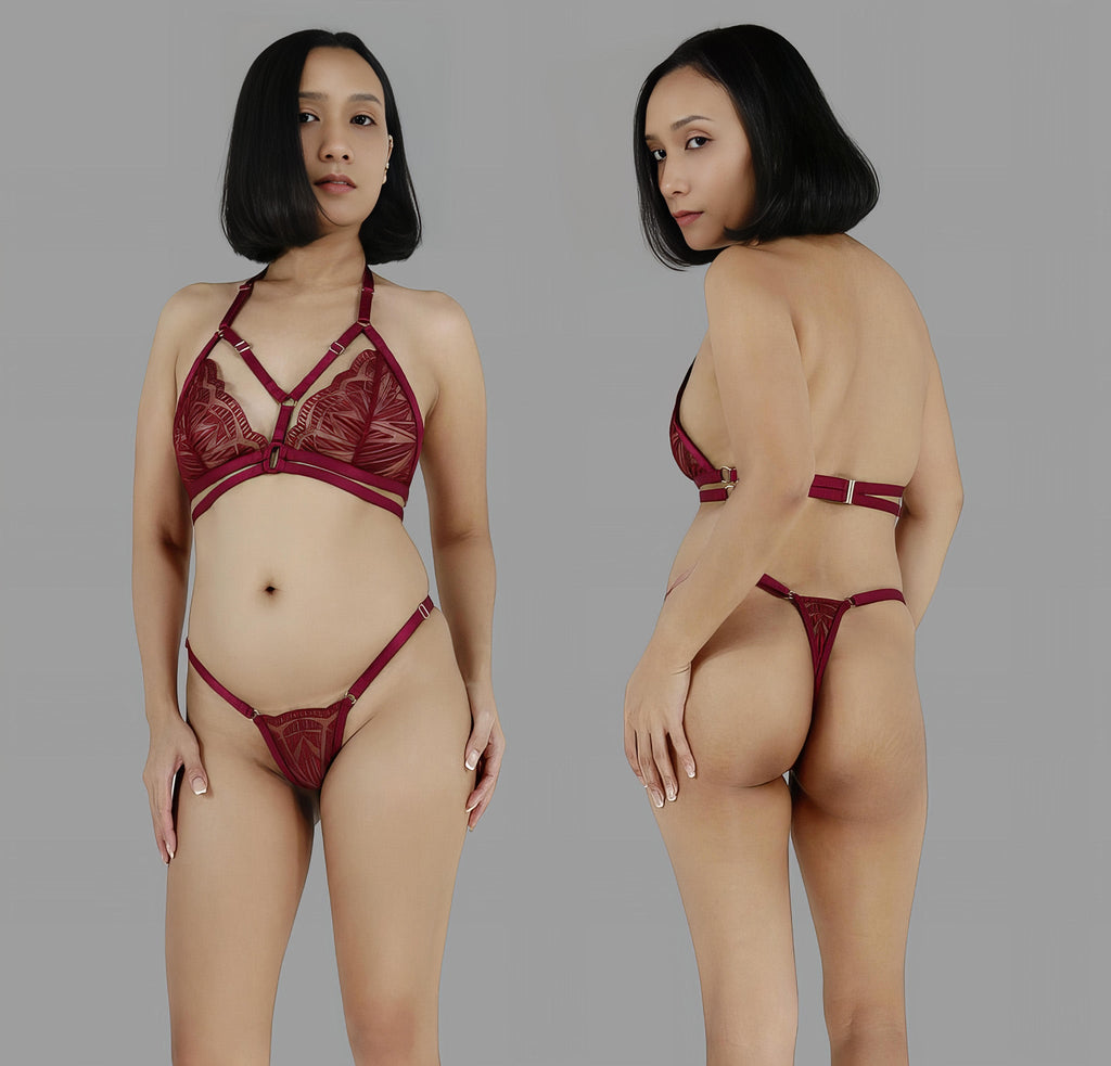 Sexy see through lingerie set in burgundy red lace strappy harness bra sheer adjustable panties g string - Ange Déchu