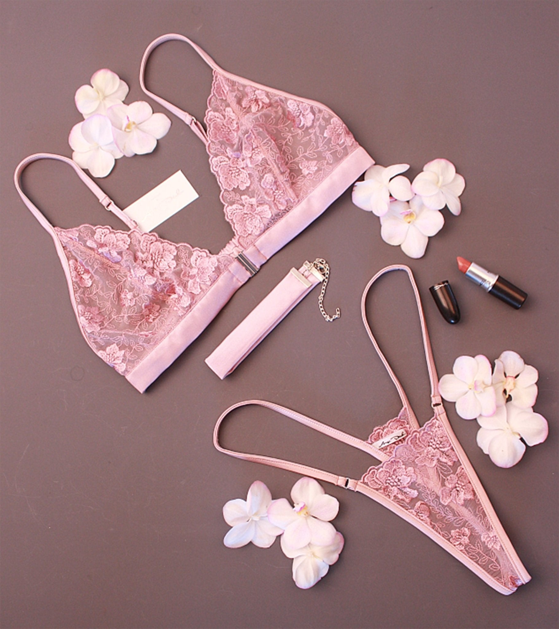 Sexy see through sheer lingerie set with bralette bra panties G string and choker in pink lace erotic boudoir and bridal gift for her - Ange Déchu
