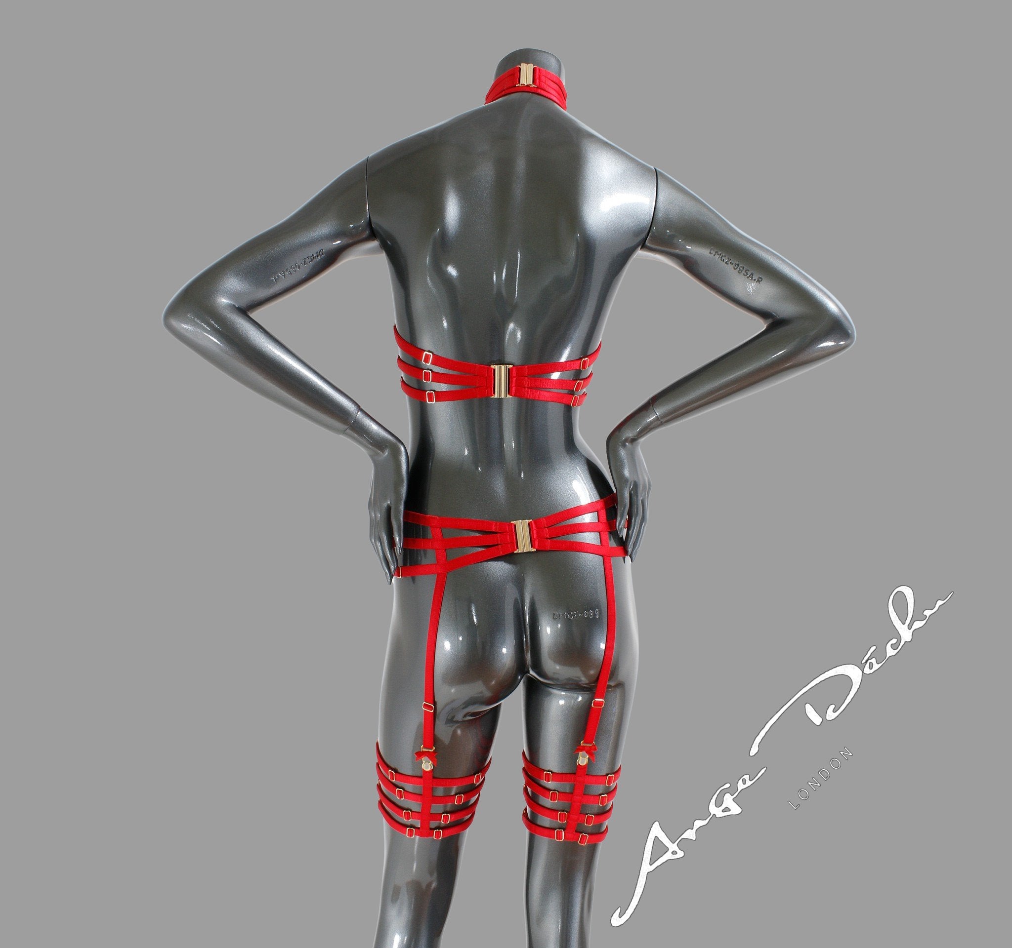 Sexy strappy body harness set in red with choker harness bra garter and suspender boudoir gift for her free Delivery - Ange Déchu