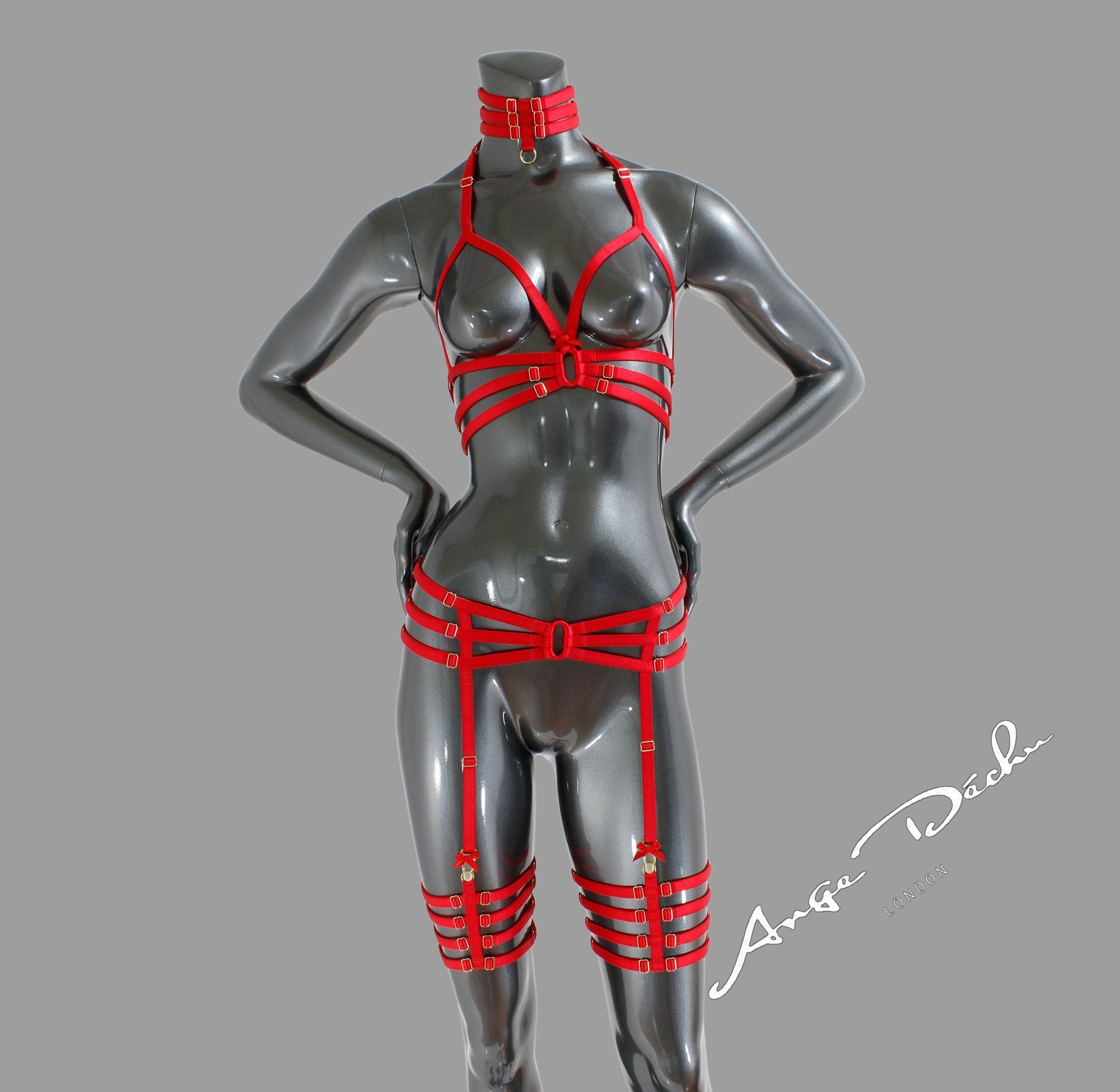 Sexy strappy body harness set in red with choker harness bra garter and suspender boudoir gift for her free Delivery - Ange Déchu