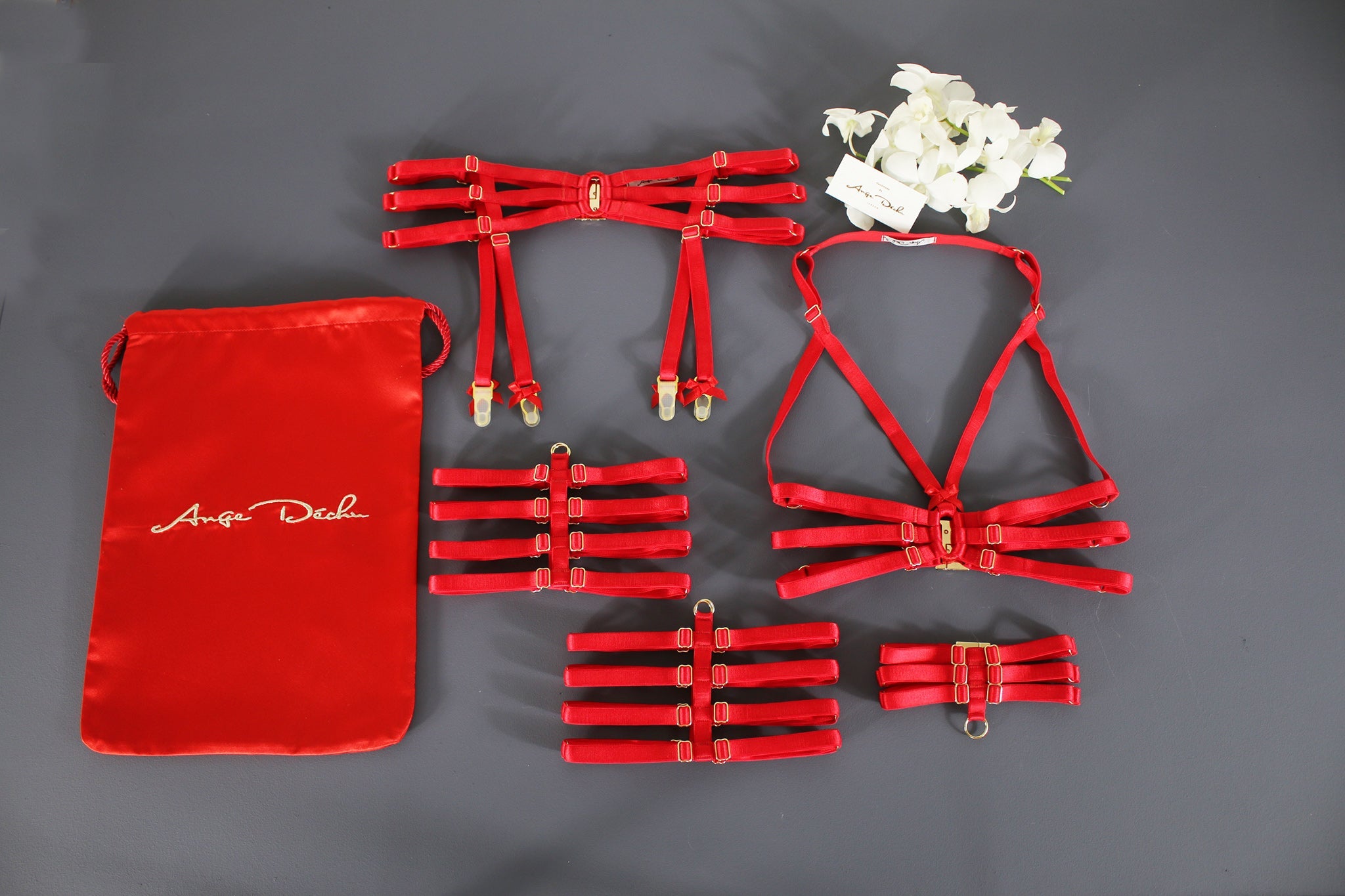 Sexy strappy body harness set in red with choker harness bra garter and suspender boudoir gift for her free Delivery - Ange Déchu