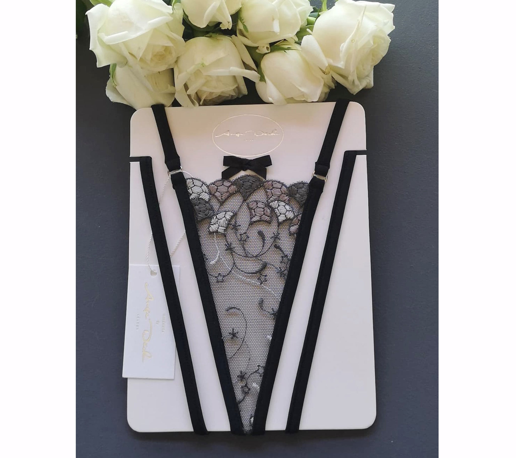 Sheer lingerie adjustable panties in sexy black and grey lace see through G string thong - Ange Déchu