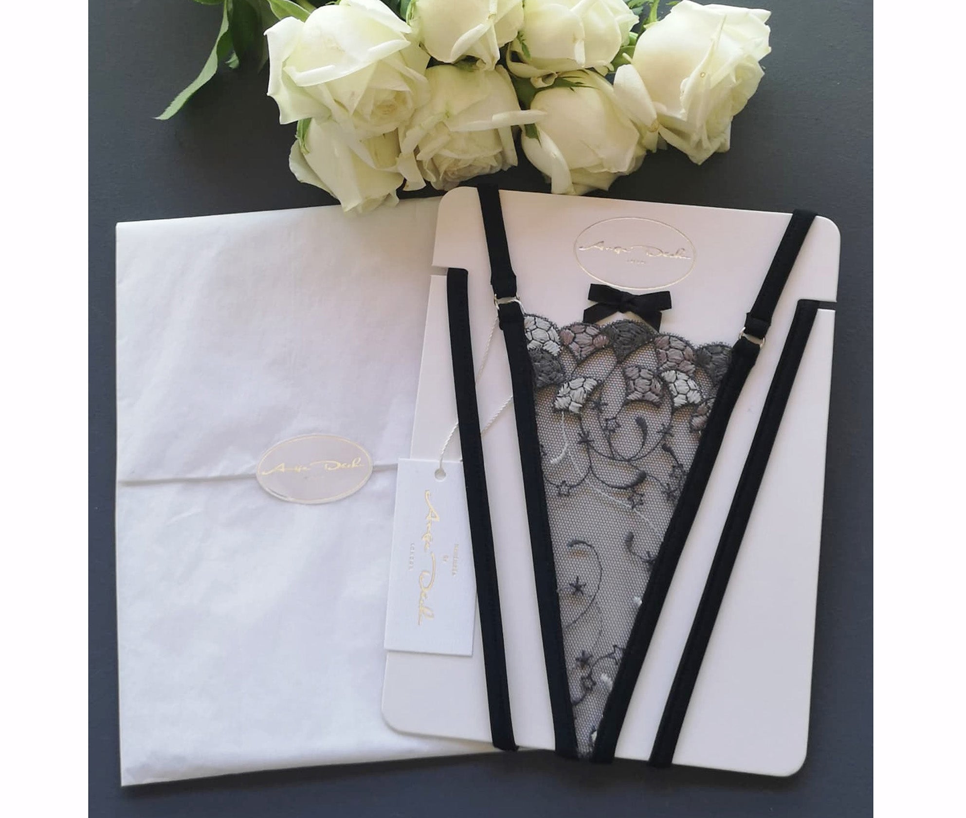 Sheer lingerie adjustable panties in sexy black and grey lace see through G string thong - Ange Déchu