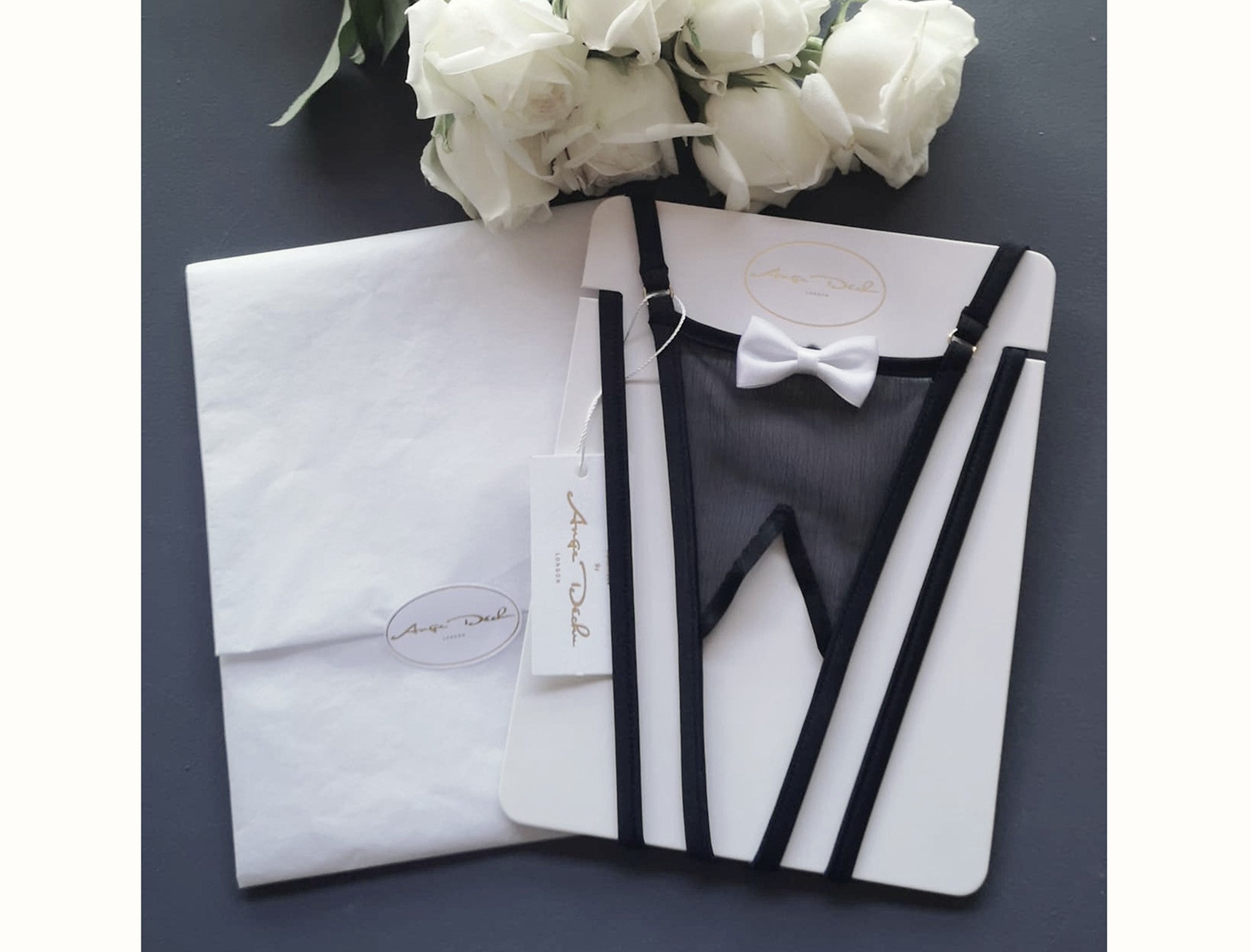 Sheer lingerie crotchless see through black panties G string thong with sexy little white bow tie - Ange Déchu