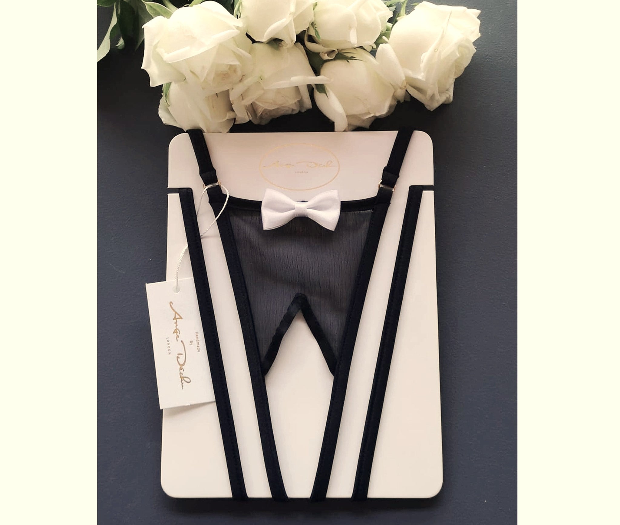 Sheer lingerie crotchless see through black panties G string thong with sexy little white bow tie - Ange Déchu