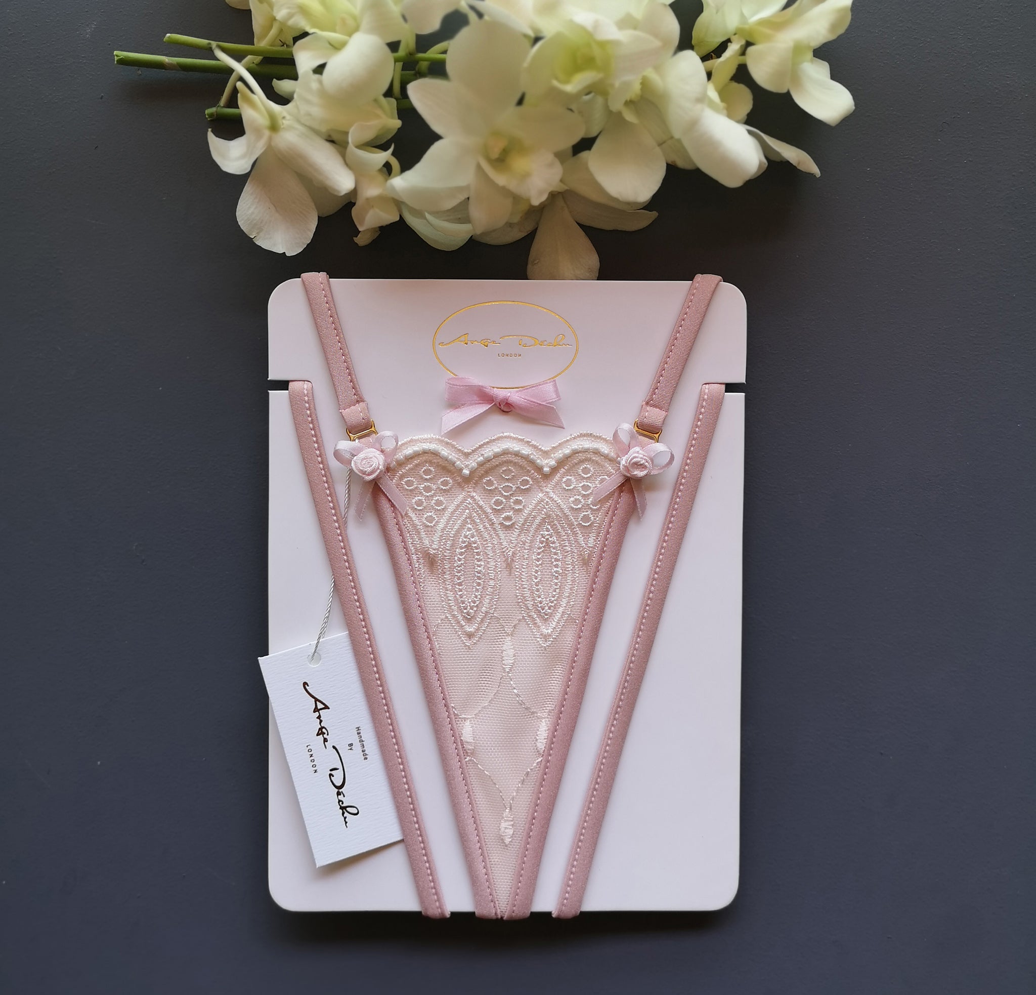 Sheer lingerie G-string pantie thong high cut in pink lace By Ange Déchu - Ange Déchu