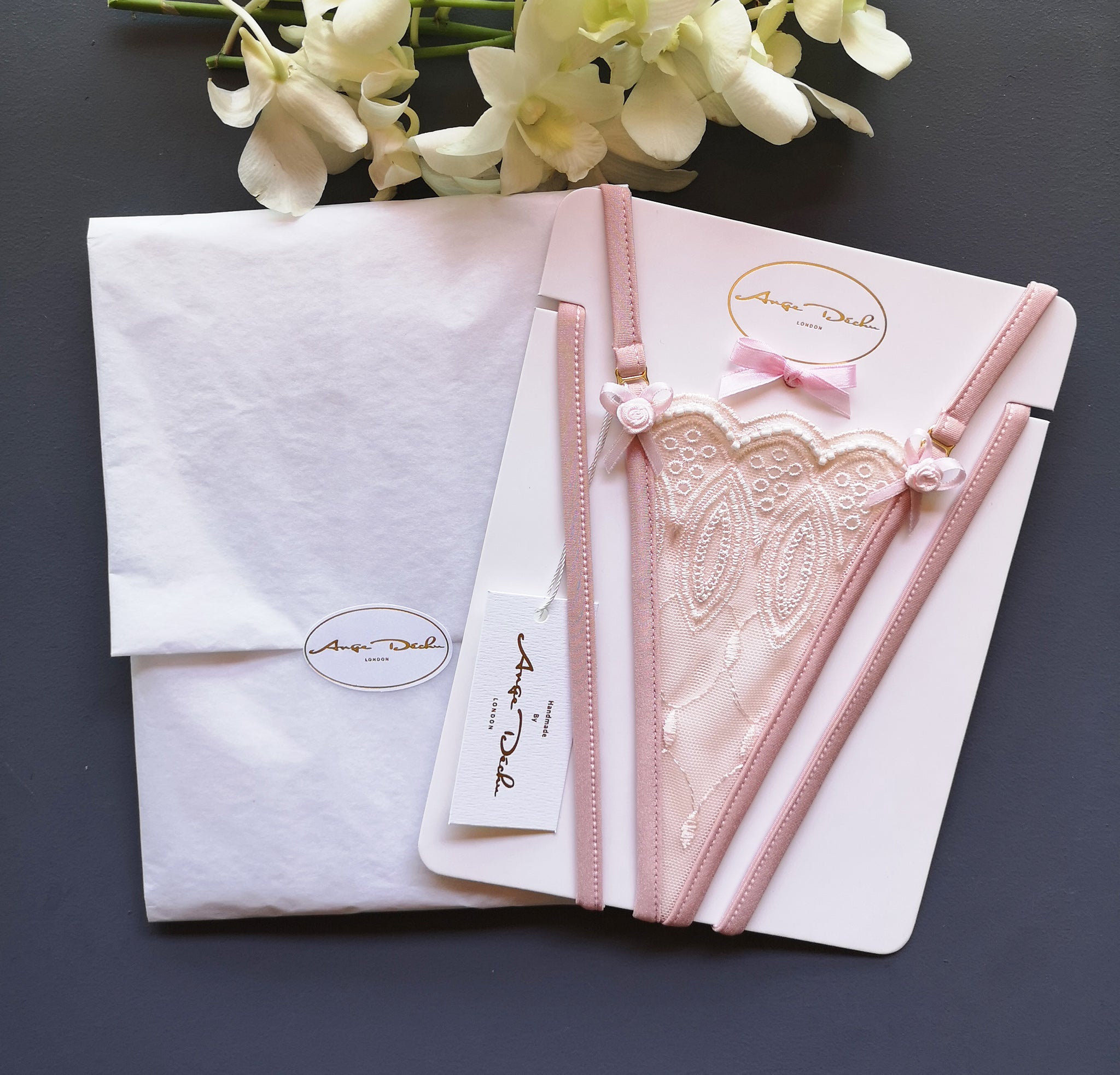 Sheer lingerie G-string pantie thong high cut in pink lace By Ange Déchu - Ange Déchu