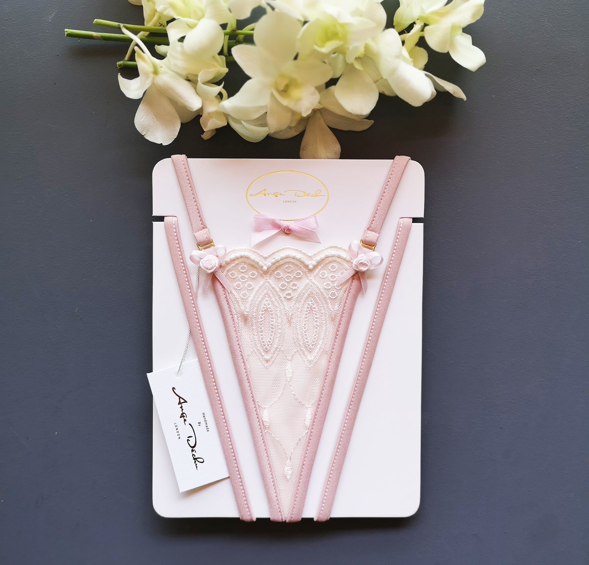 Sheer lingerie G-string pantie thong high cut in pink lace By Ange Déchu - Ange Déchu