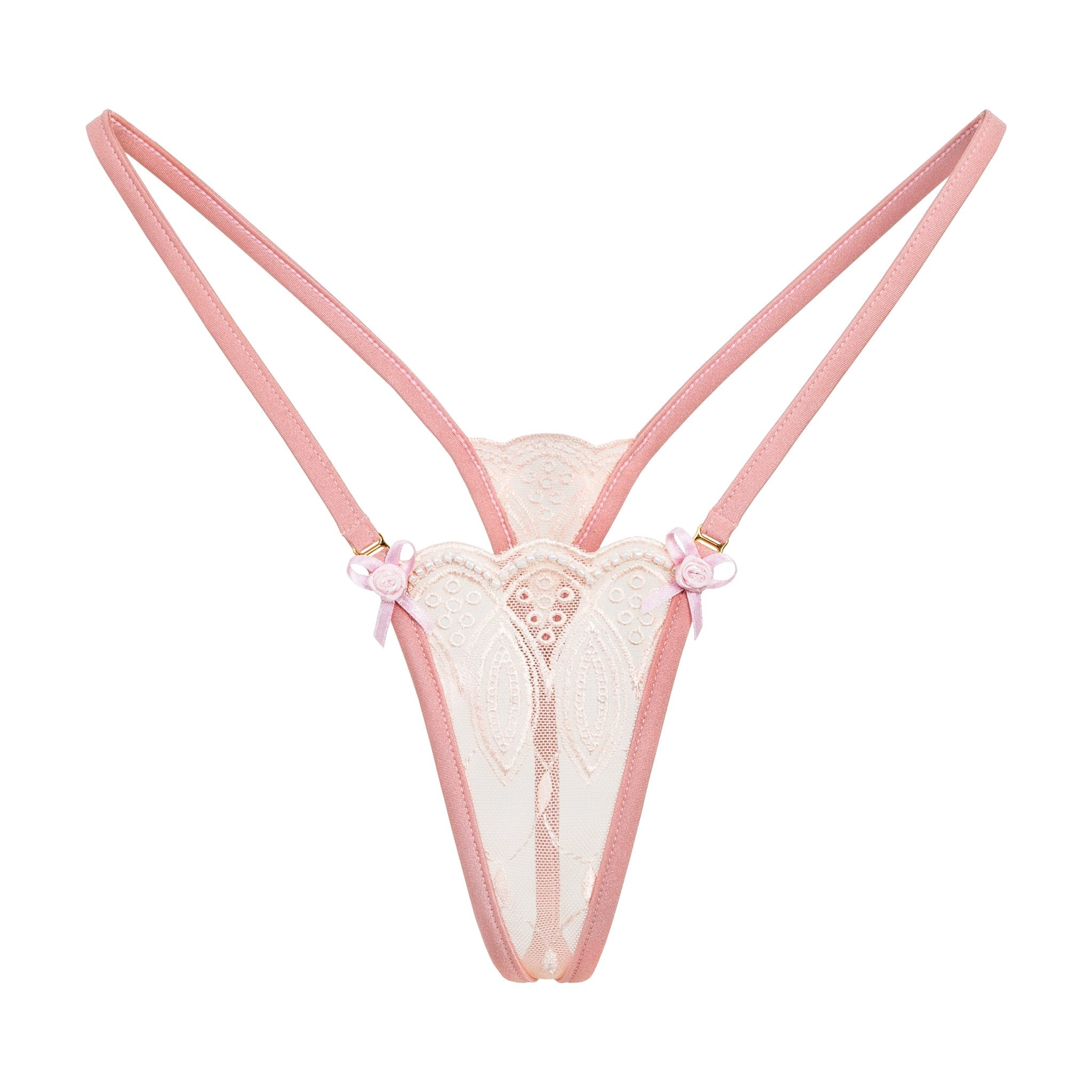 Sheer lingerie G-string pantie thong high cut in pink lace By Ange Déchu - Ange Déchu