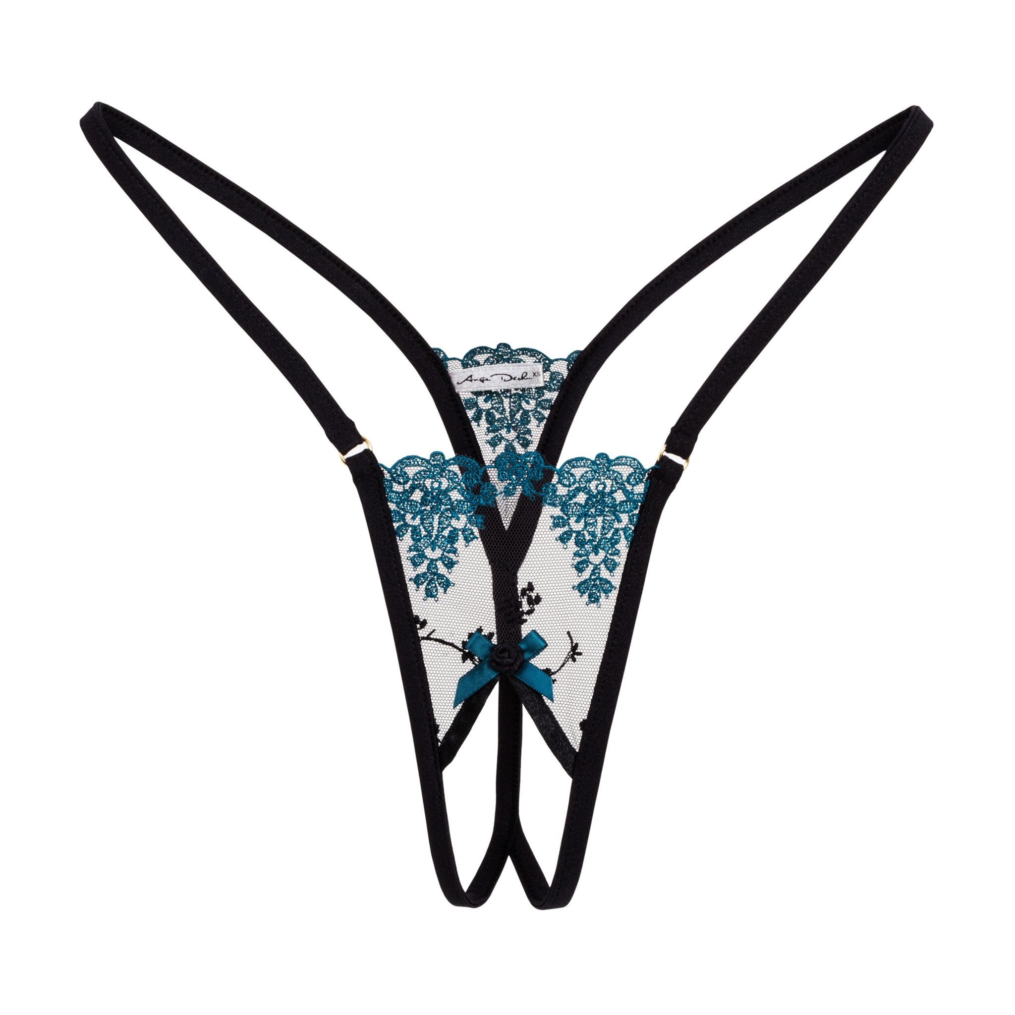 Sheer lingerie open crotch panties G string in black and turquoise see through thong in black and turquoise . - Ange Déchu