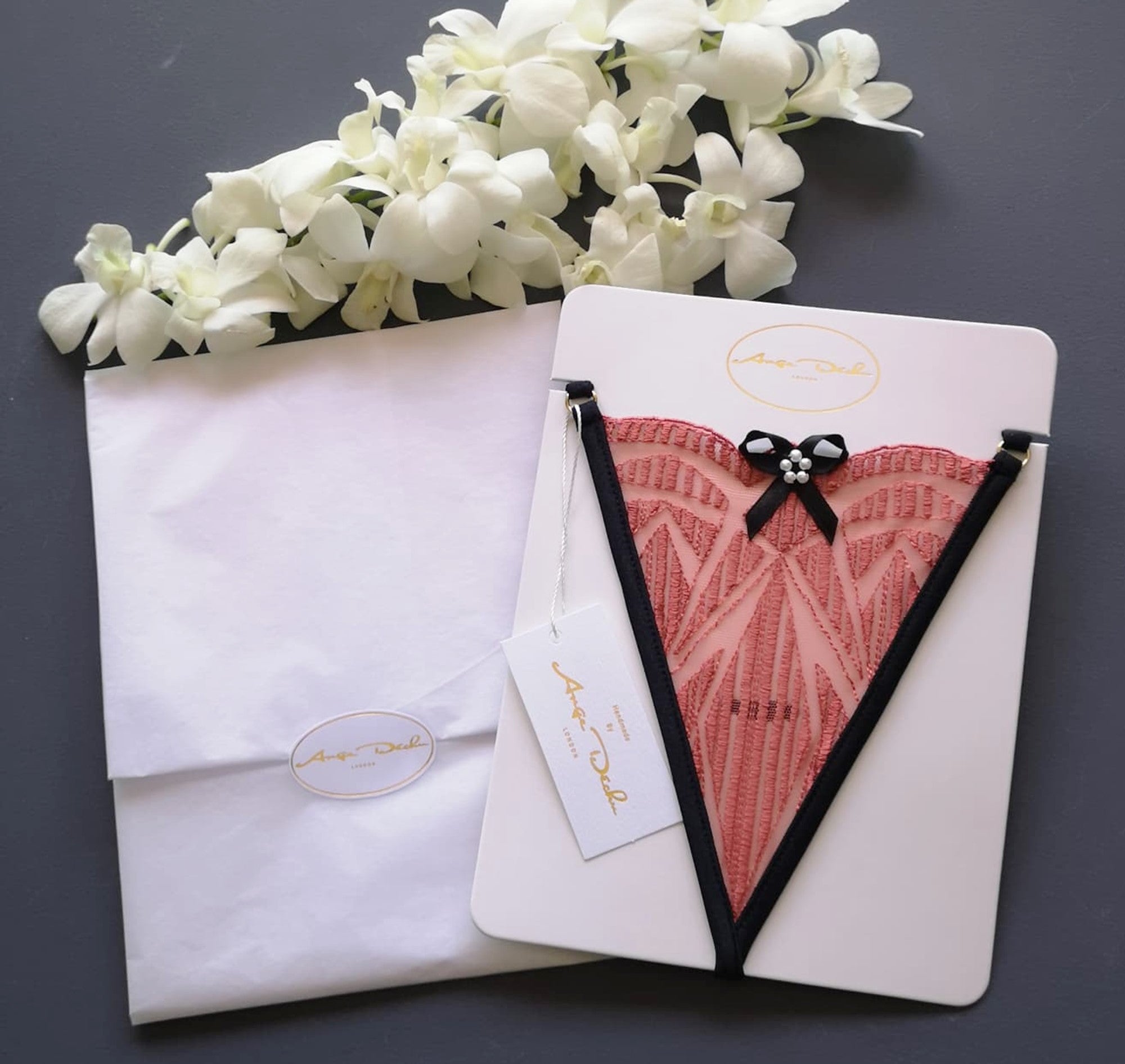 Sheer lingerie pantie G string sexy see through in black and coral lace - Ange Déchu