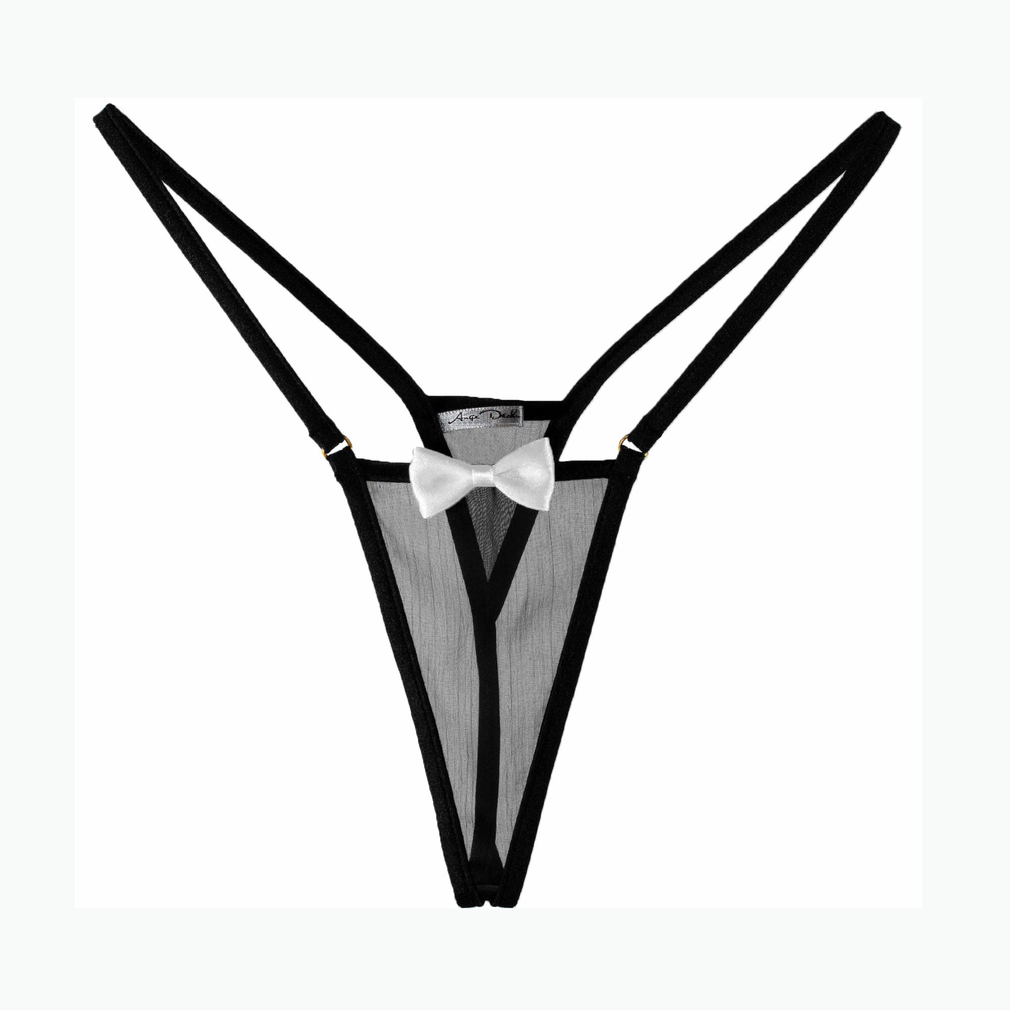 Sheer lingerie see through black panties G string thong with sexy little white bow tie - Ange Déchu