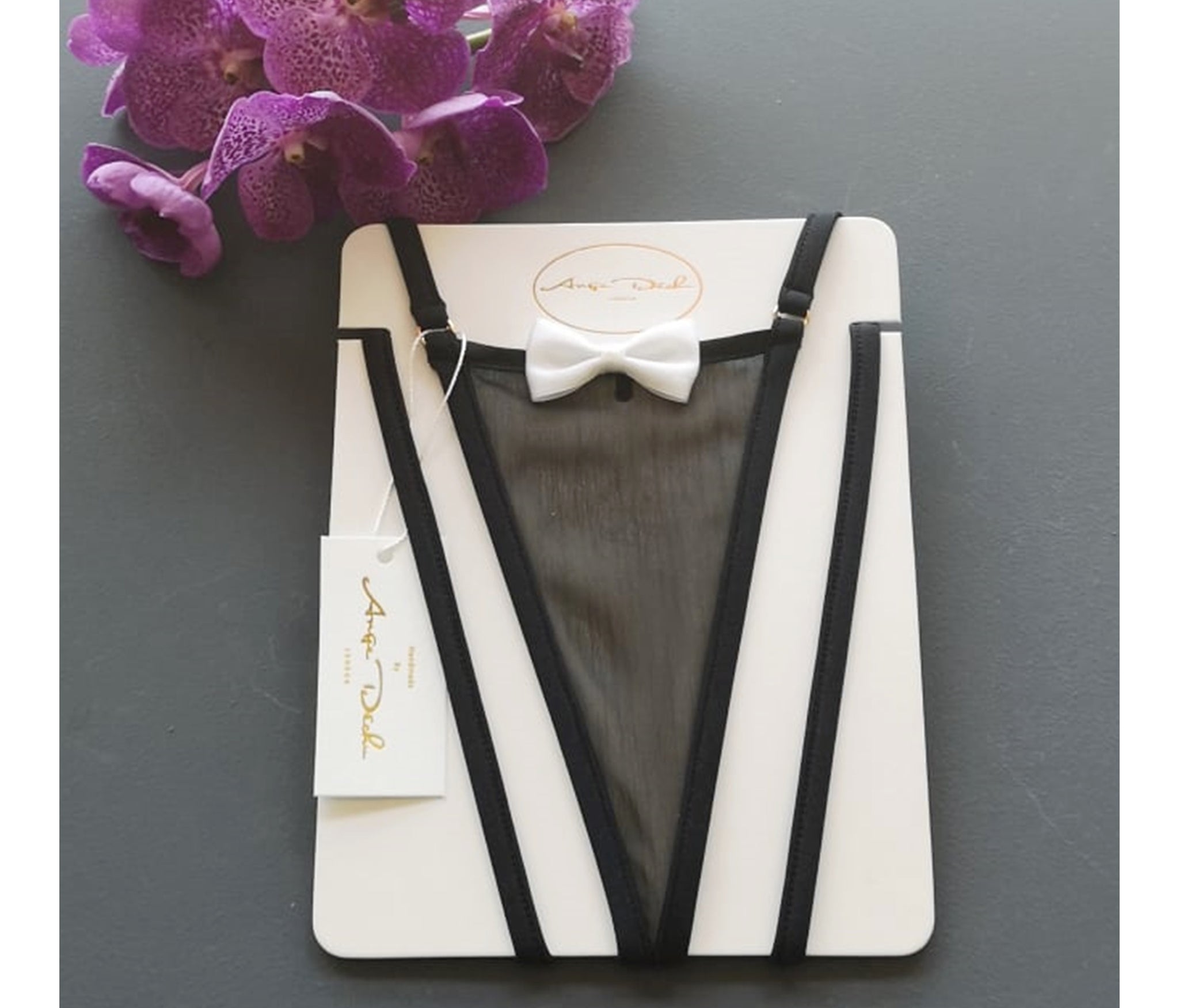 Sheer lingerie see through black panties G string thong with sexy little white bow tie - Ange Déchu