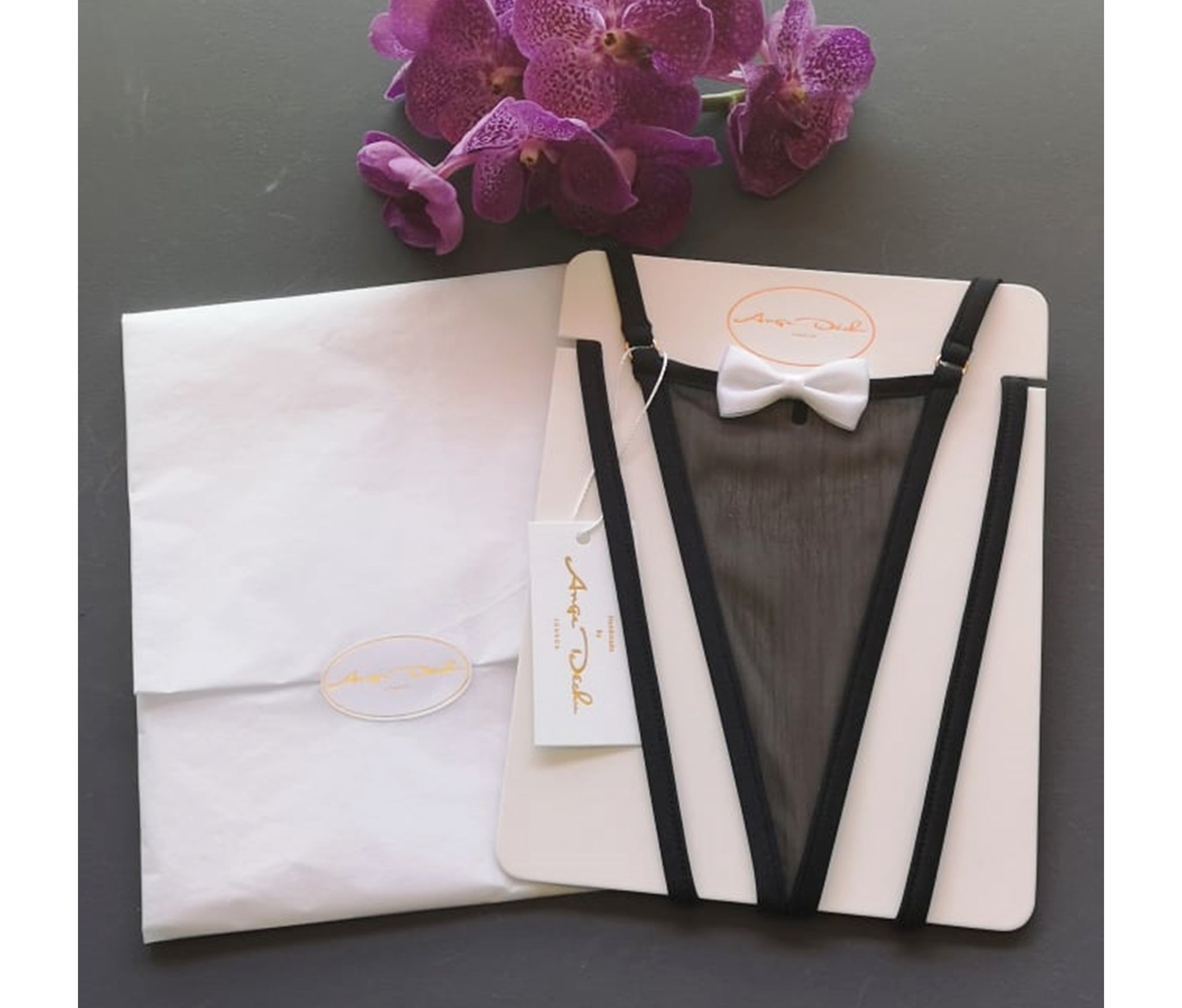 Sheer lingerie see through black panties G string thong with sexy little white bow tie - Ange Déchu