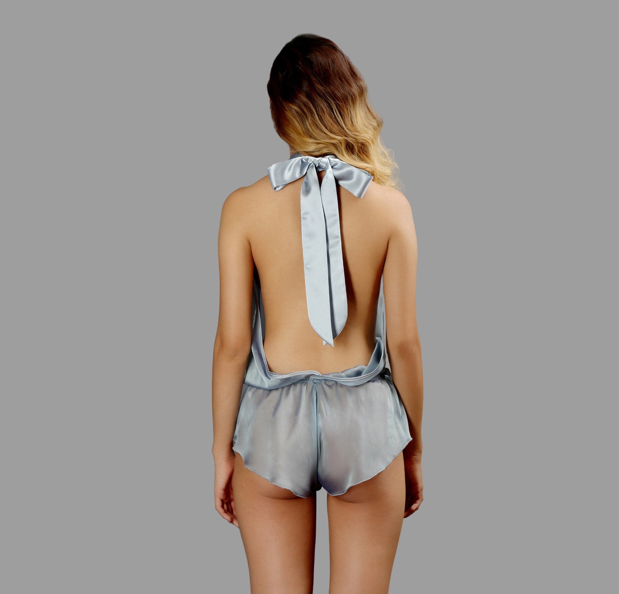 Sheer lingerie see through sexy backless light blue teddy playsuit hand made by Ange Dechu - Ange Déchu