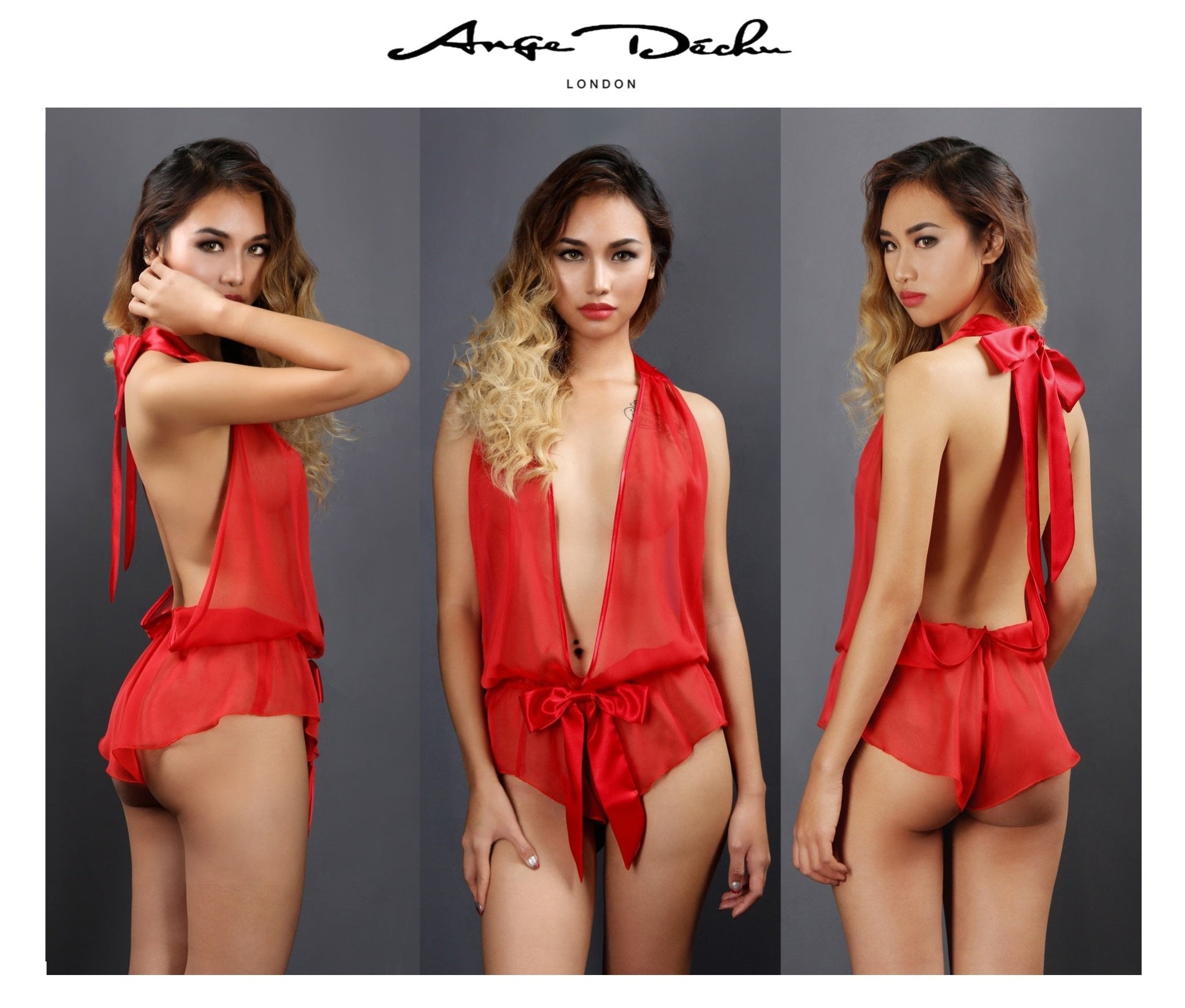 Sheer lingerie see through sexy playsuit red backless teddy by Ange Dechu - Ange Déchu
