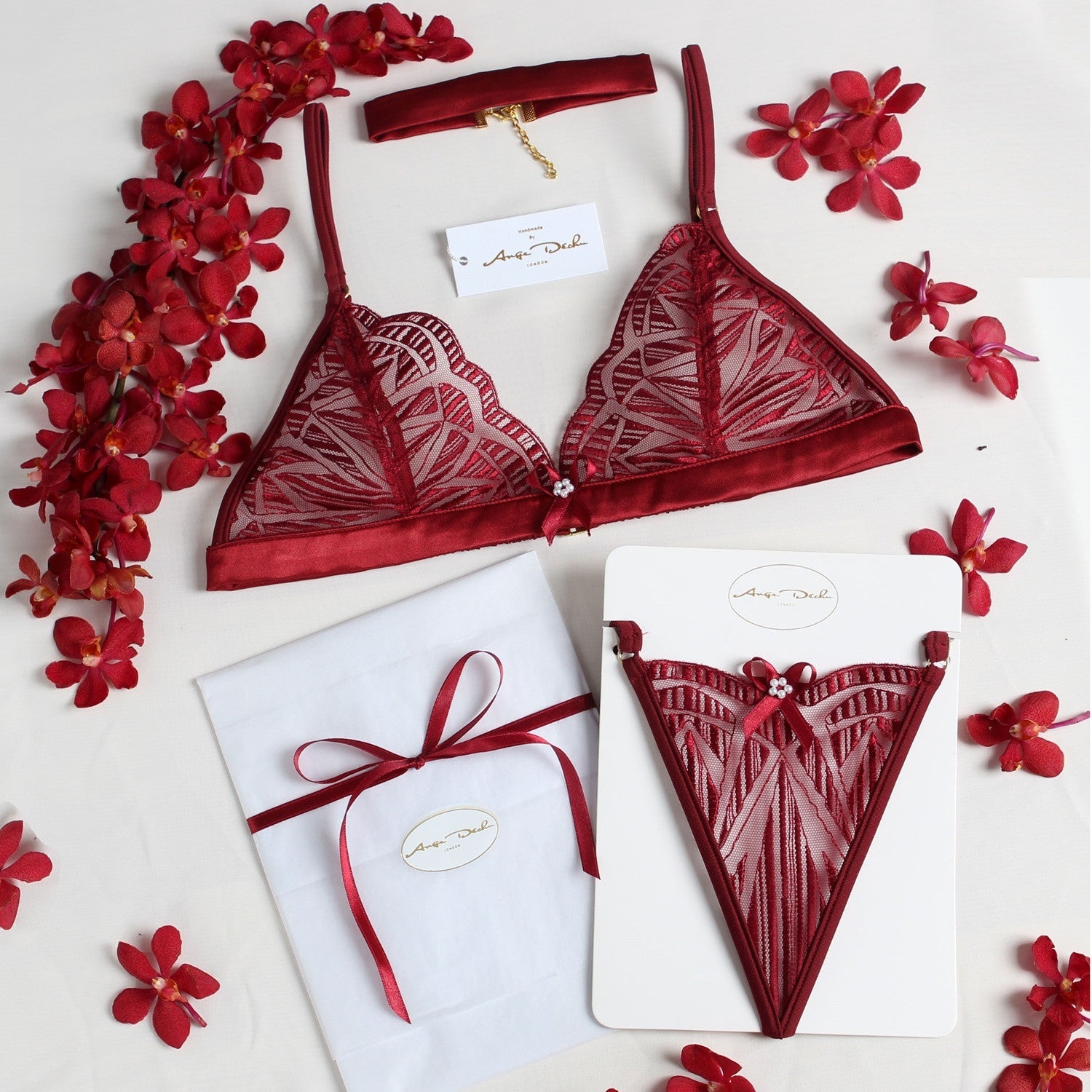 Sheer Lingerie set bralette g string /pantie/thong choker in erotic lingerie red - Ange Déchu