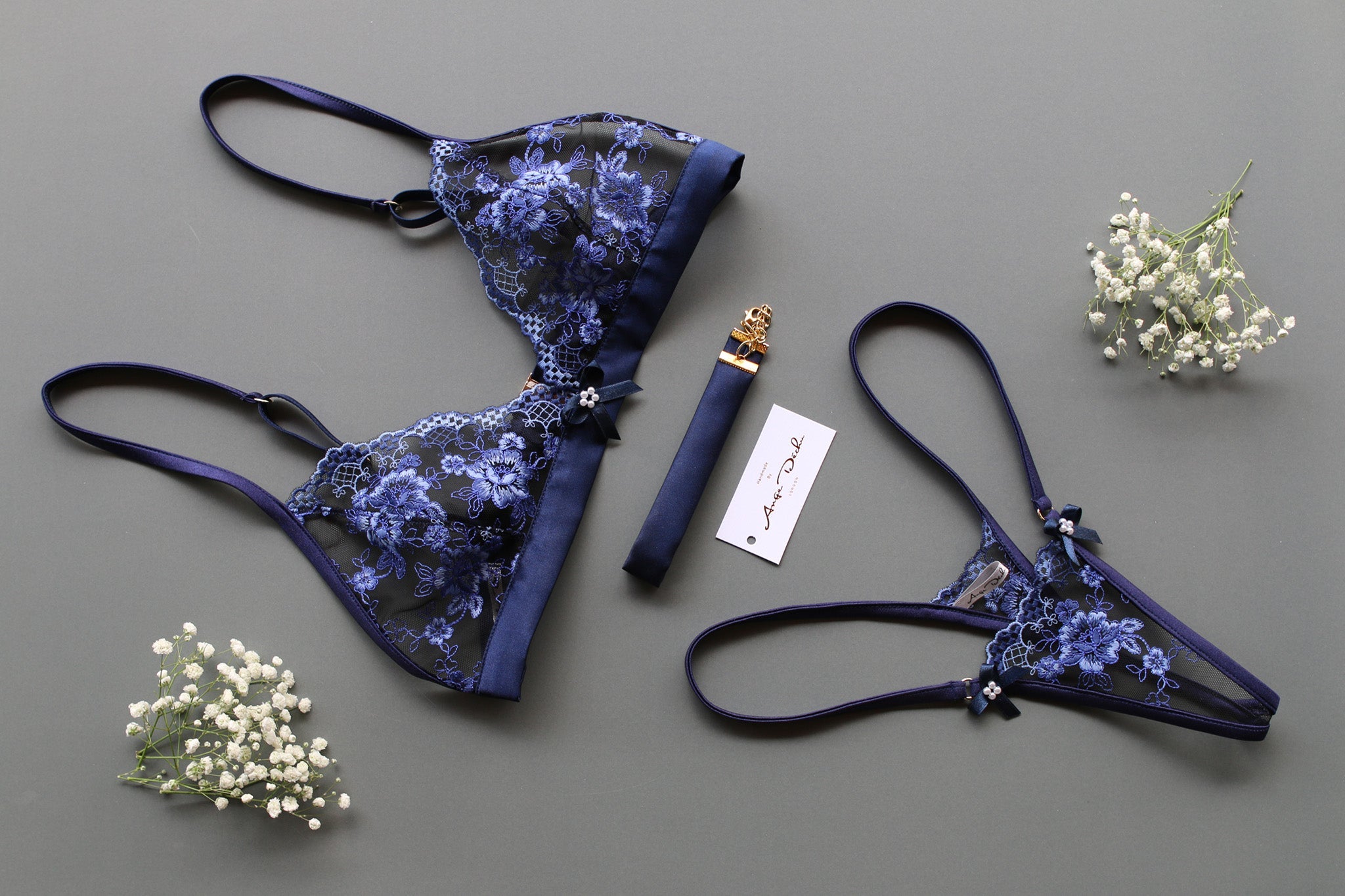 Sheer lingerie set, G string panties bralette and choker in see through blue lace sexy see through lingerie - Ange Déchu