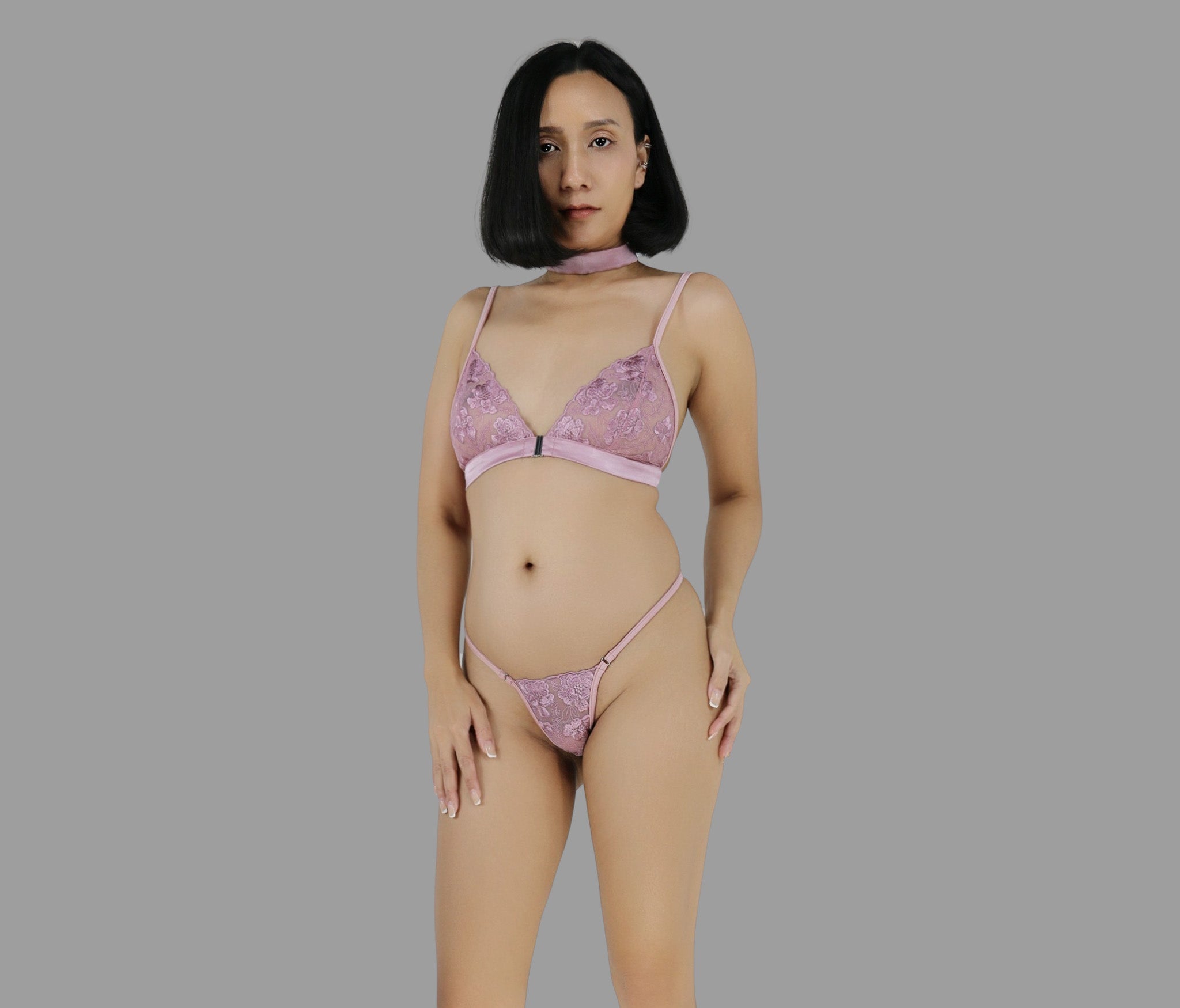 Sheer lingerie set, G string panties bralette and choker in see through pink lace sexy sheer lingerie - Ange Déchu