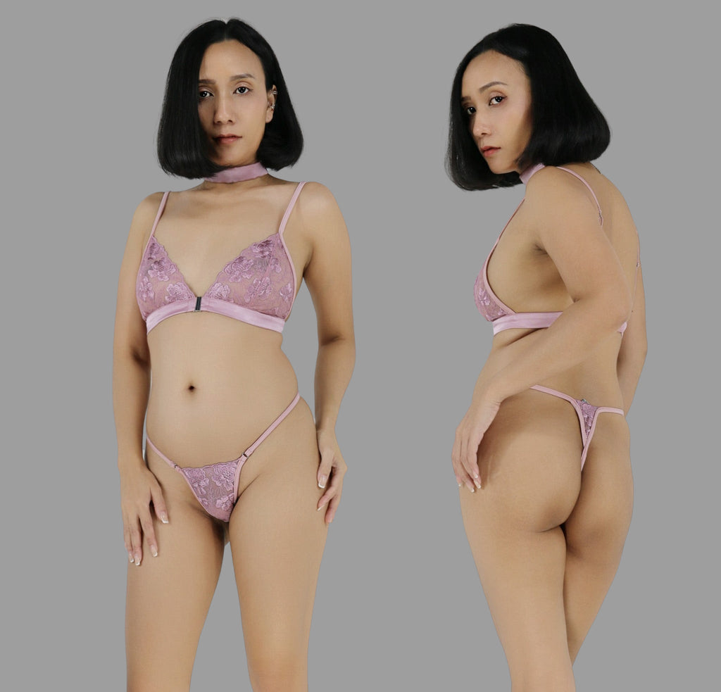 Sheer lingerie set, G string panties bralette and choker in see through pink lace sexy sheer lingerie - Ange Déchu