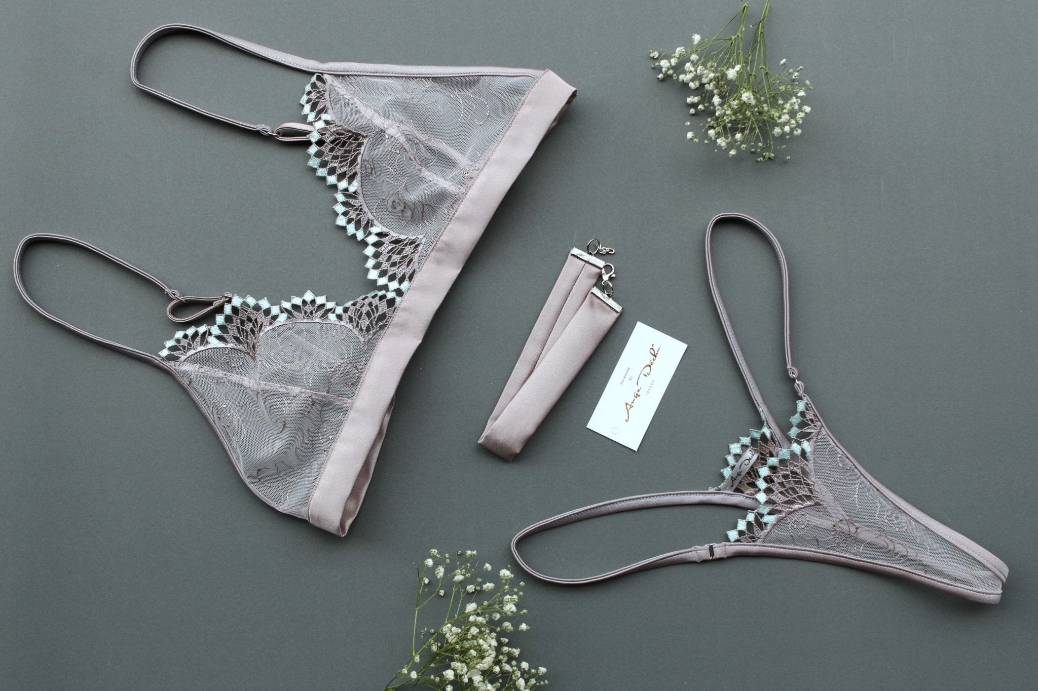 Sheer lingerie set, G string panties bralette and choker in see through silver grey lace sexy sheer lingerie - Ange Déchu