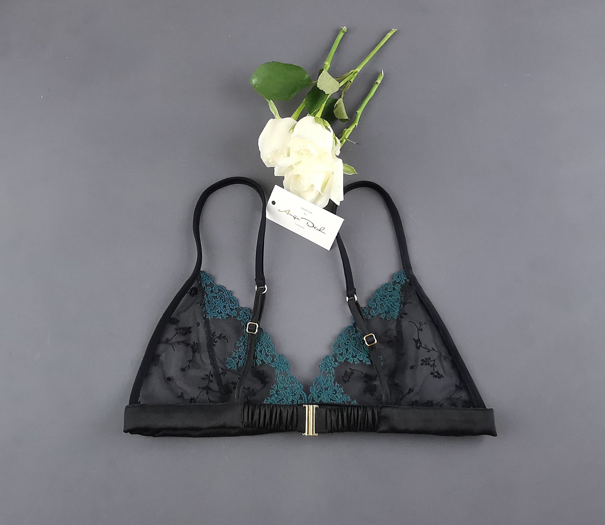 Sheer lingerie set with crotchless G string panties and bra in see through black and turquoise lace sexy open crotch sheer boudoir lingerie - Ange Déchu