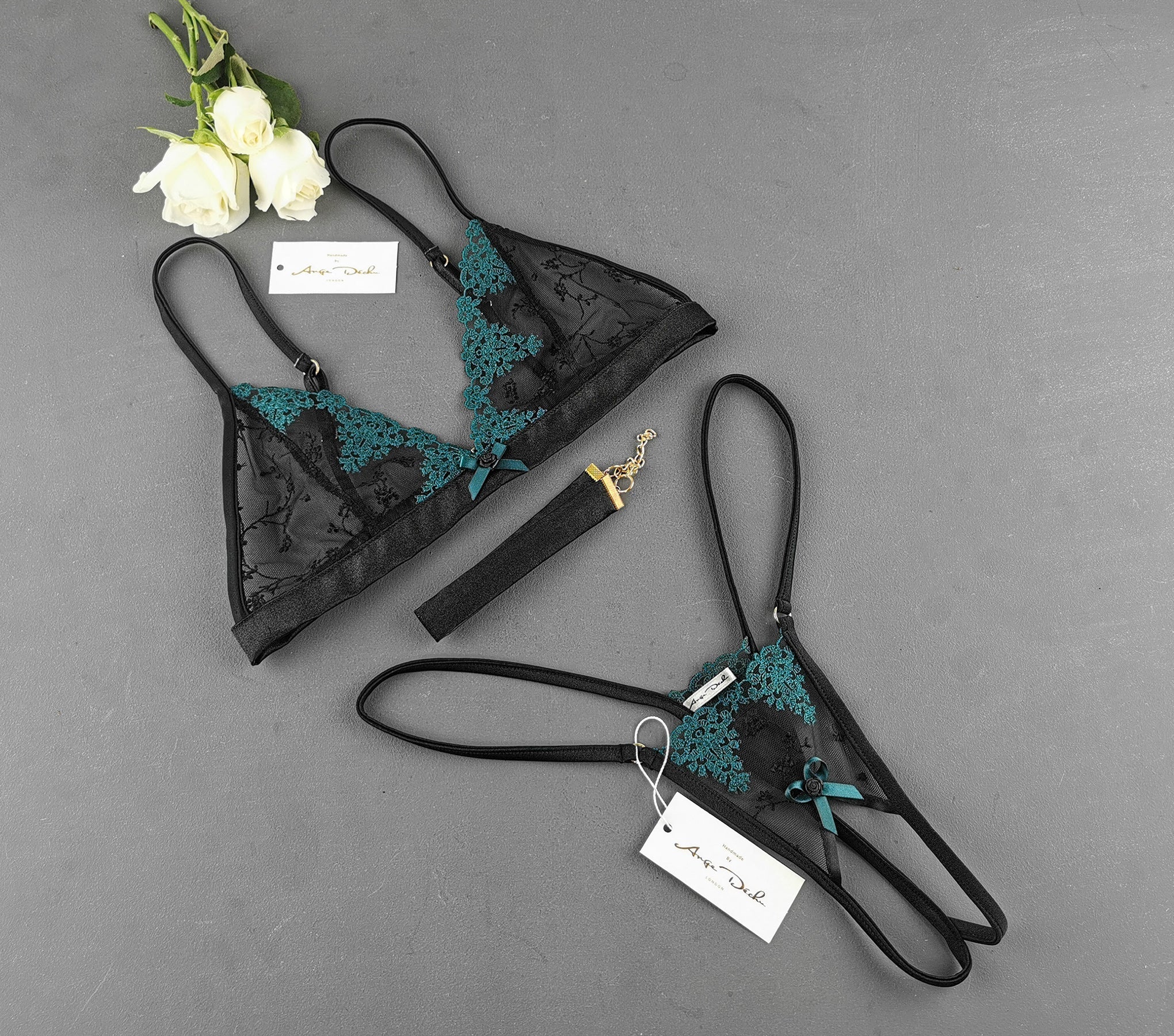 Sheer lingerie set with crotchless G string panties and bra in see through black and turquoise lace sexy open crotch sheer boudoir lingerie - Ange Déchu