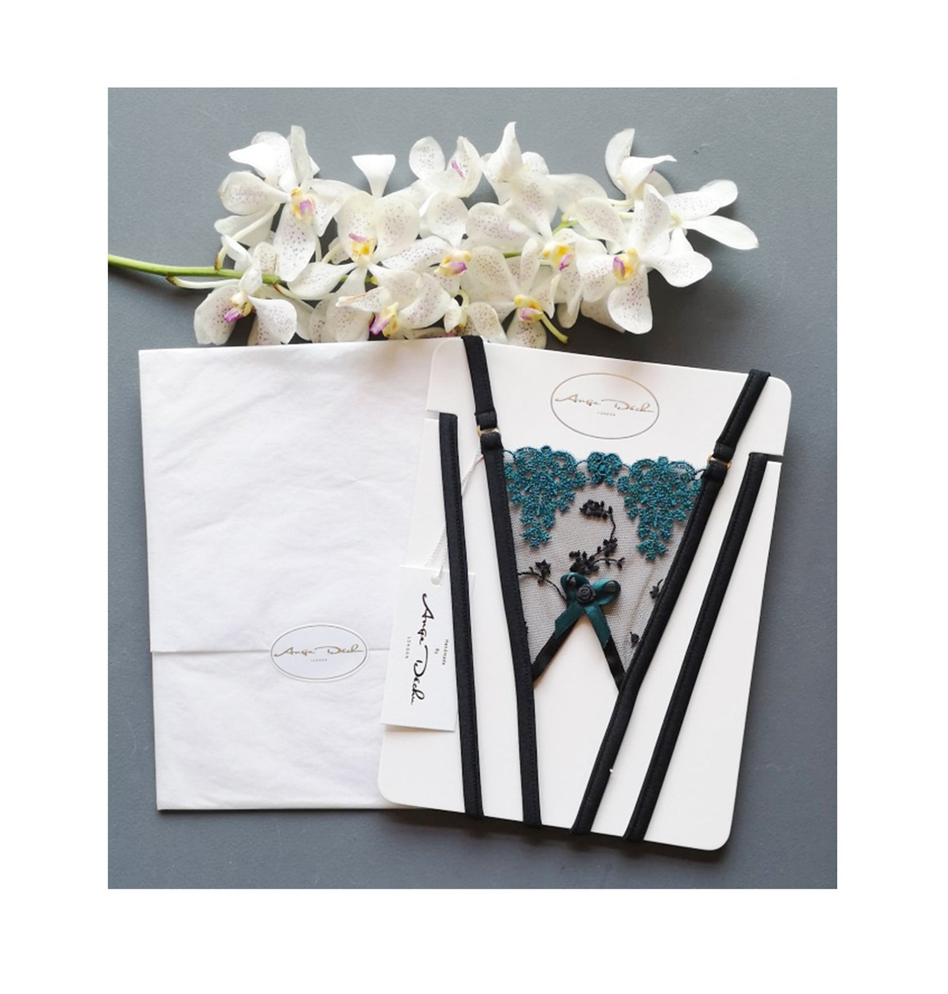 Sheer lingerie set with crotchless G string panties and bra in see through black and turquoise lace sexy open crotch sheer boudoir lingerie - Ange Déchu