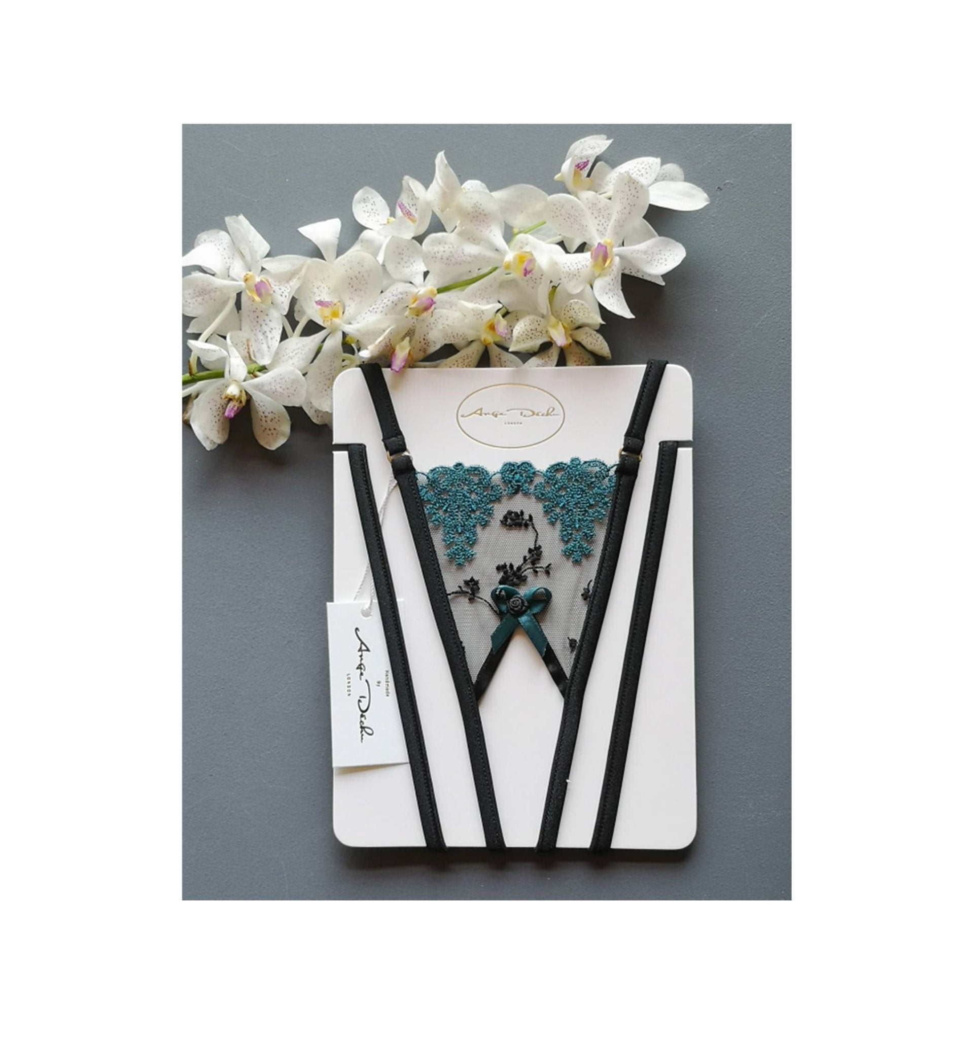 Sheer lingerie set with crotchless G string panties and bra in see through black and turquoise lace sexy open crotch sheer boudoir lingerie - Ange Déchu